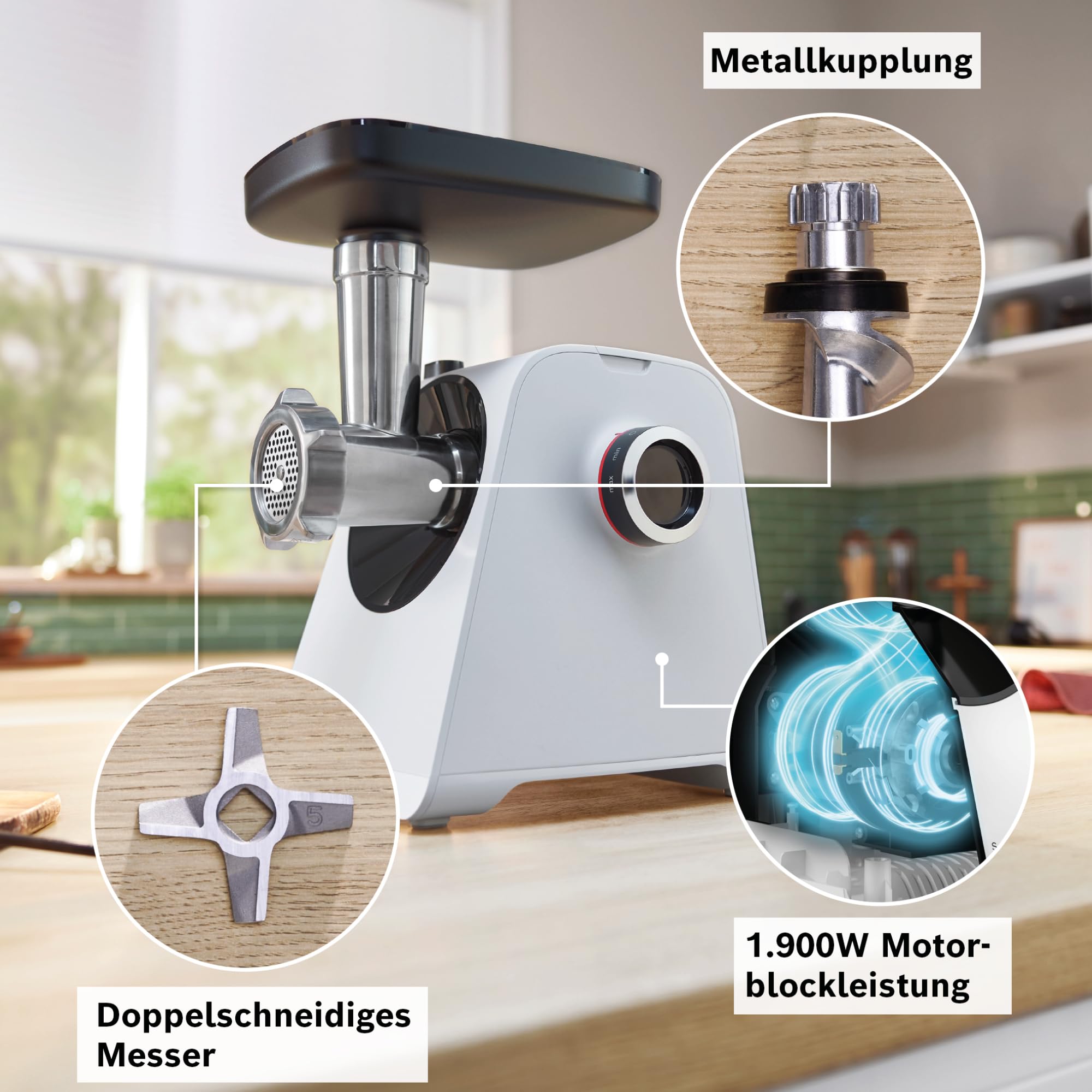 Bosch Fleischwolf Serie 4, 2 Lochscheiben (3 / 8mm) Edelstahl, spülmaschinenfest, elektrisch, stark, kompakt, 2 Stufen, Wurststopfer, 1.900 W, weiß/schwarz, MultiPower MFWS420W