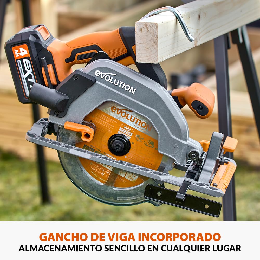 Evolution Power Tools R185CCS-Li Sierra circular sin cable y sin escobillas 18v Li-Ion Incluye hoja TCT Multi-Material Corta Madera, Metal, Plástico, Guía Incluida, Batería y Cargador Incluidos, 185mm