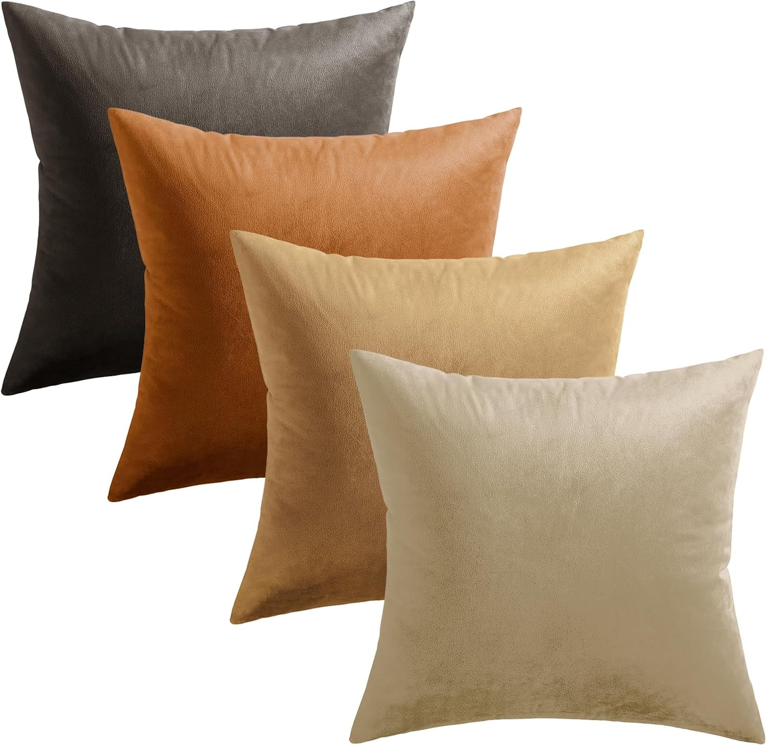 Softalker Throw Pillow Covers Set of 4, Velvet Soft Solid Colors Pillow Covers 20x20 Inch, Decorative Cushion Pillow Case for Couch Sofa Bedroom Living Room(Multi Brown/Beige)
