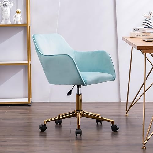 Miniatura 7 de Hommoo Silla decorativa de escritorio con ruedas y brazos, silla de trabajo ajustable de tela de terciopelo para el hogar, dormitorio, oficina,