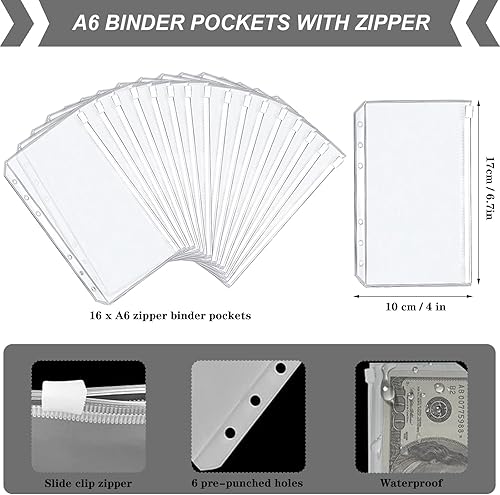 Miniatura 6 de Carpeta A6, cubierta de cuaderno de piel sintética suave con 16 bolsillos, 12 hojas de presupuesto, 4 etiquetas adhesivas de letras (gris)