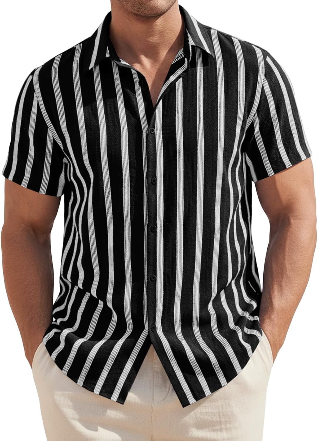 Runcati Mens Short Sleeve Striped Hawaiian Shirts Button Down Linen Beach Shirt Casual Summer Shirts