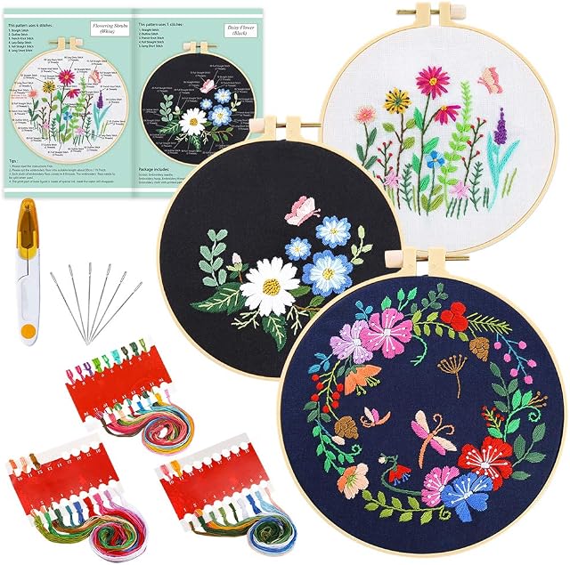 Pllieay 3 Sets Full Range of Embroidery Starter Kit with Patterns and Instructions, Include Embroidery Clothes with Floral Pattern, 3 Pieces Plastic Embroidery Hoops, Color Threads and Tools