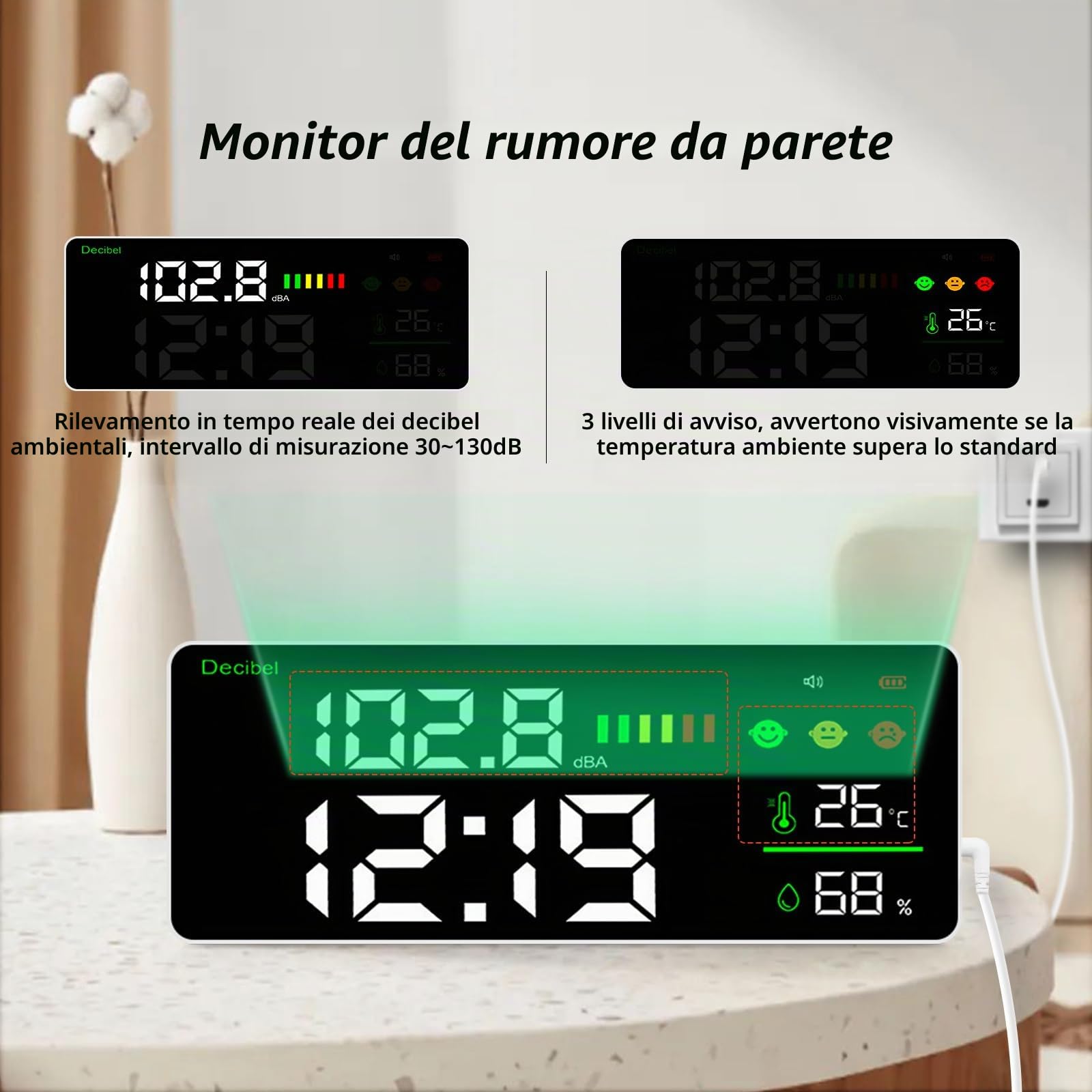 Misuratore di Livello Sonoro da Appendere a Parete 30~130dB Misuratore di Livello Sonoro 11" LED Fonometro Misuratore Decibel/Temperatura/Umidità con Indicatore, Fonometro ricaricabile e USB Cavo