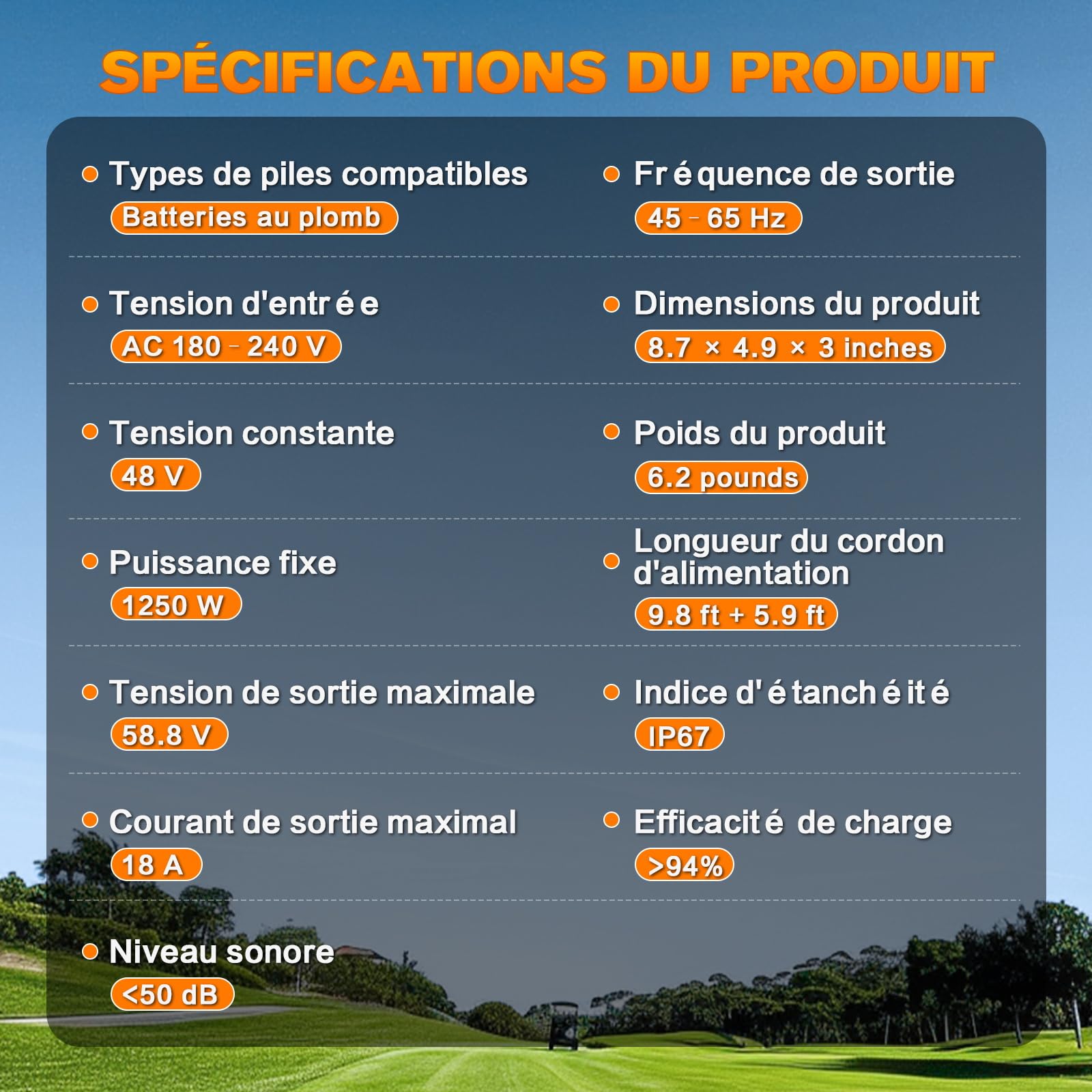 Chargeur de Voiturette de Golf 48V 18 A, pour Voiturettes de Golf Club Car, Chargeur Intelligent pour Batterie au Plomb 48V avec Fonction de Charge Lente, étanche IP67