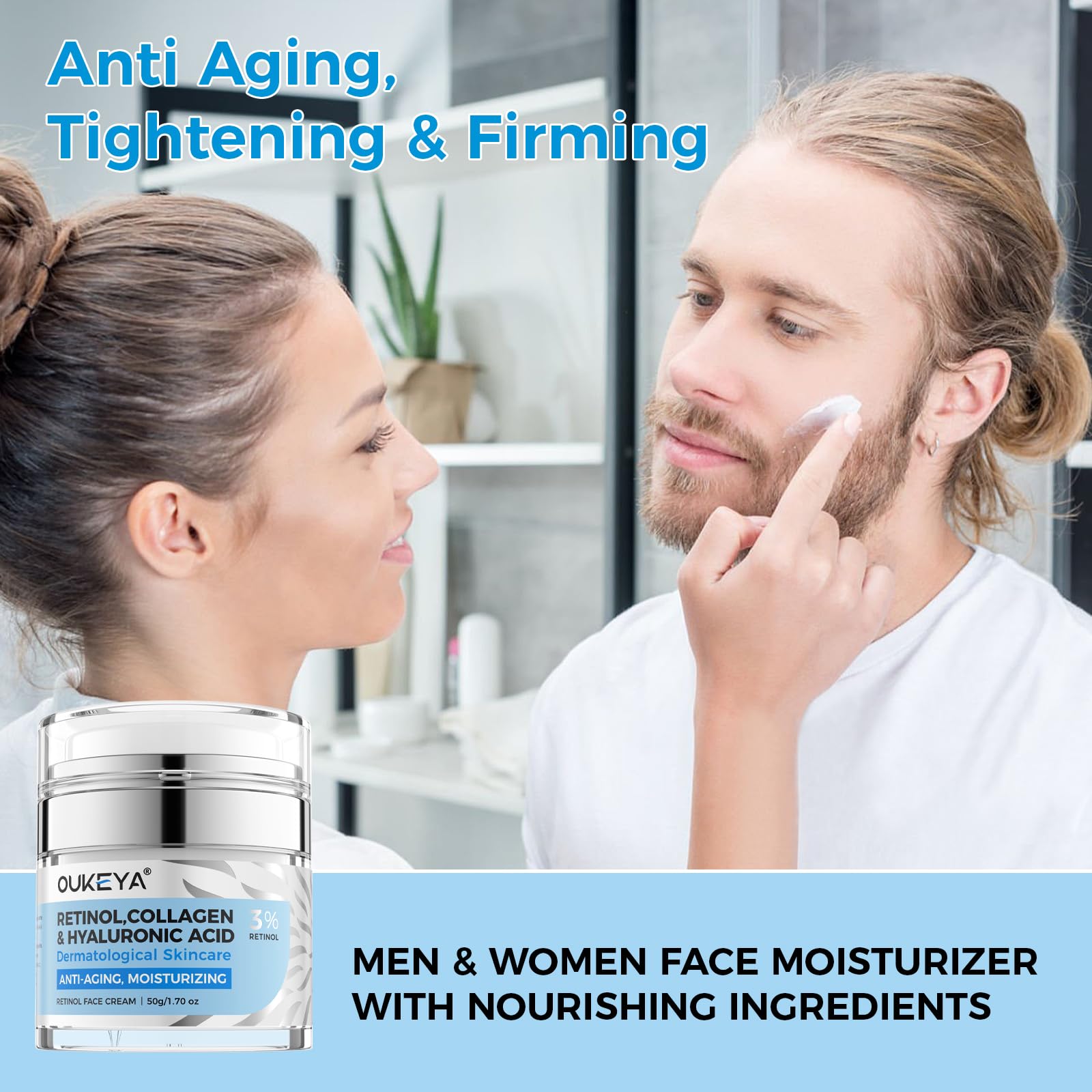 OUKEYA Krem Przeciwstarzeniowy do Twarzy - 3% Retinol + 5% Niacynamid & Kwas Hialuronowy - Intensywna Kuracja na Głębokie Zmarszczki, Ciemne Plamy i Suchą Skórę - Efekt Liftingu i Nawilżenia, 2 x 50g