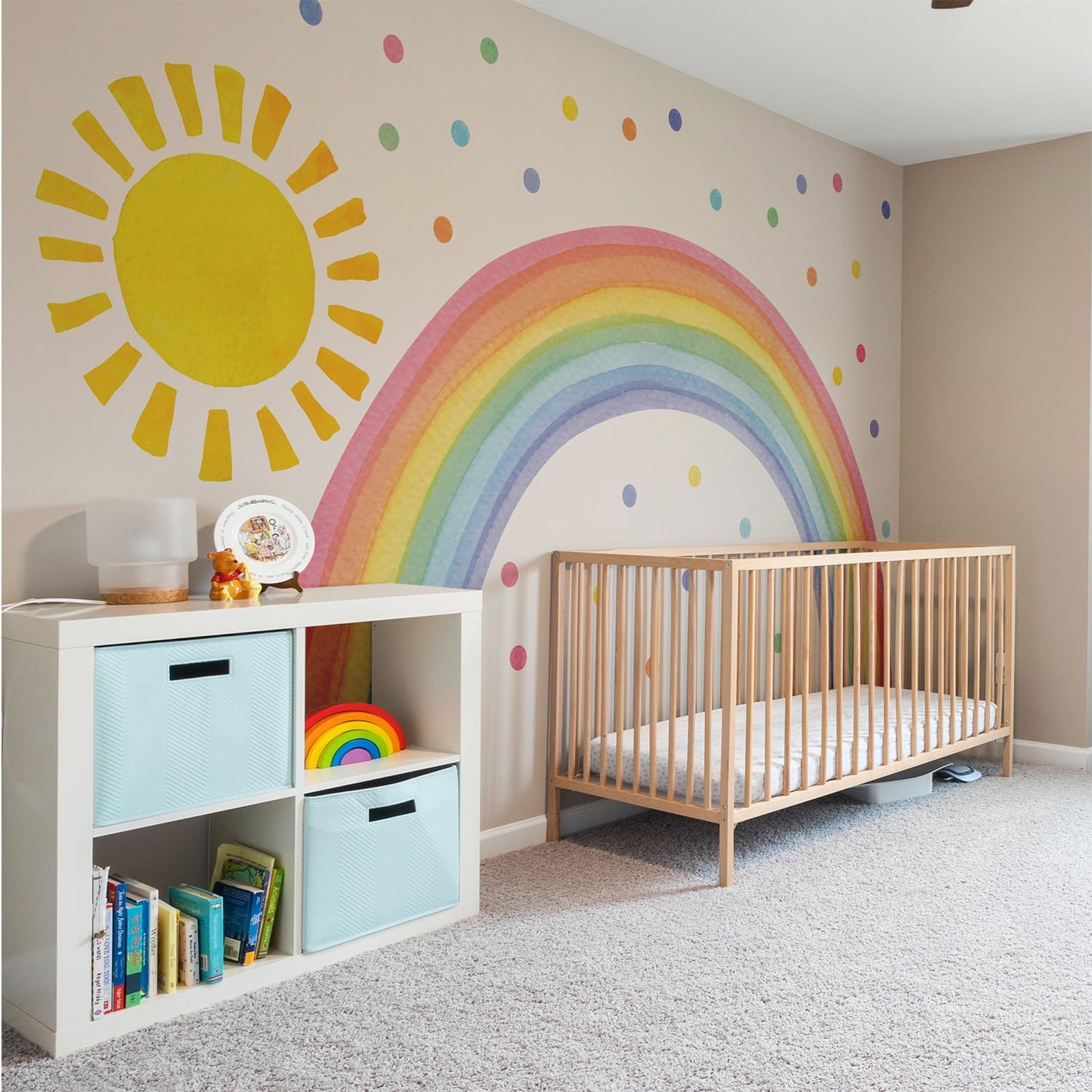 Watercolor Rainbow, Sun, Polka Dots Wall Decal for Kids Room, Nursery, Baby Room Decor, Polka Dots Mural, Rainbow Wallpaper (Rainbow-Sun-Polkadots, XXLarge)