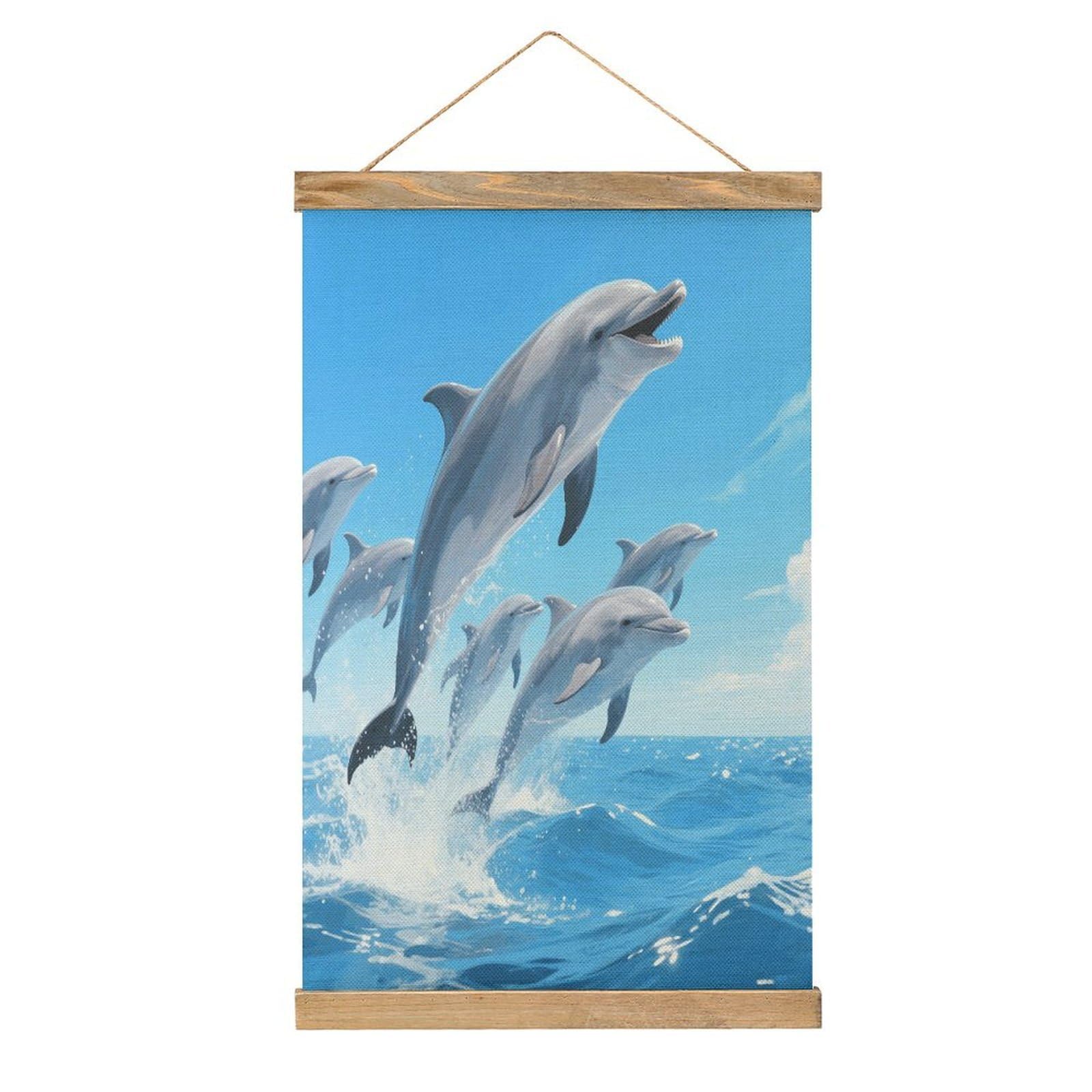 VstaDank Dolphins Linen Hanging Painting Vintage Canvas Wall Art Poster Reading Nook Corner Decor Retro Wall Decor Prints for Library Reading Room Home 13.2 X 20.47 Inch