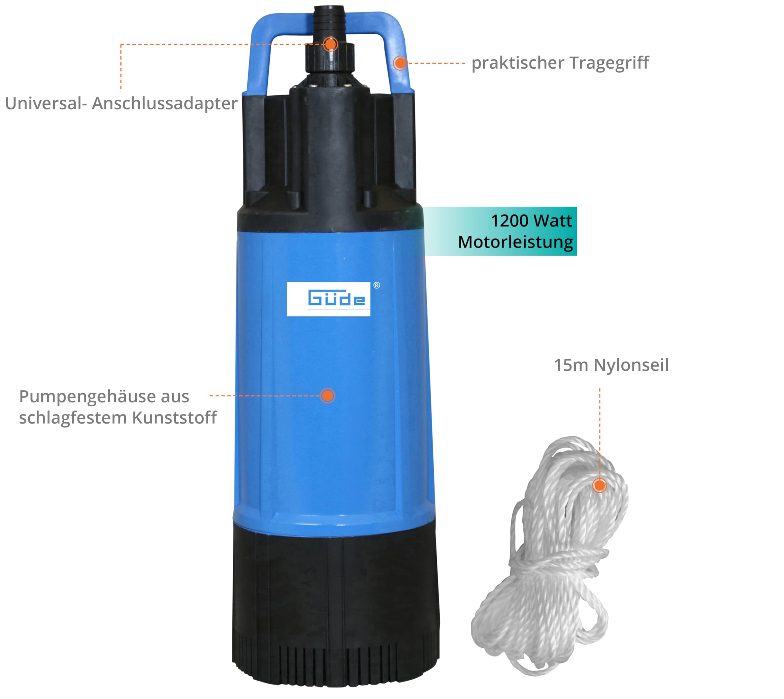 Güde Drucktauchpumpe GDT 1200 (1200 W, Fördervolumen: 6000 l/h, max. Förderhöhe: 40 m, max. Eintauchtiefe: 12 m, 4 Laufräder aus Noryl, Edelstahlwelle, integriertes Rückschlagventil, 15m Nylon Seil)