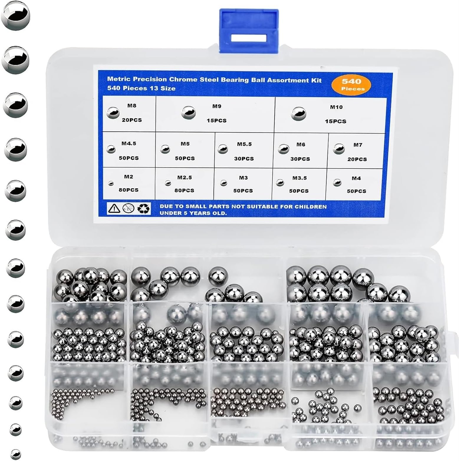 THE WHITE SHOP Ball Bearing Balls 540 Pieces Ball Bearing Balls Steel Balls Stainless Steel Metal Balls Bearing Steel Balls Assortment Kit for Bicycle Mountain Bike Sack Truck Replacement Parts (13 Si