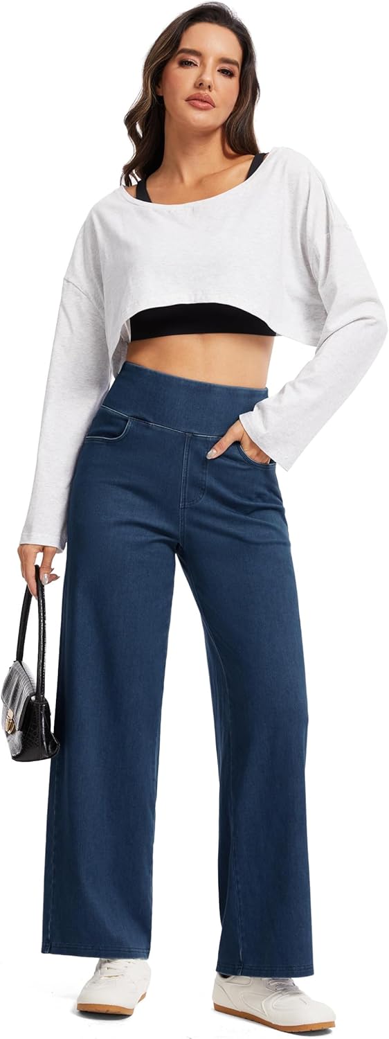 THE GYM PEOPLE Women's Wide Leg Jeans High Waisted Pull on Stretchy Baggy Basic Straight Denim Pants with Pockets - Image 6