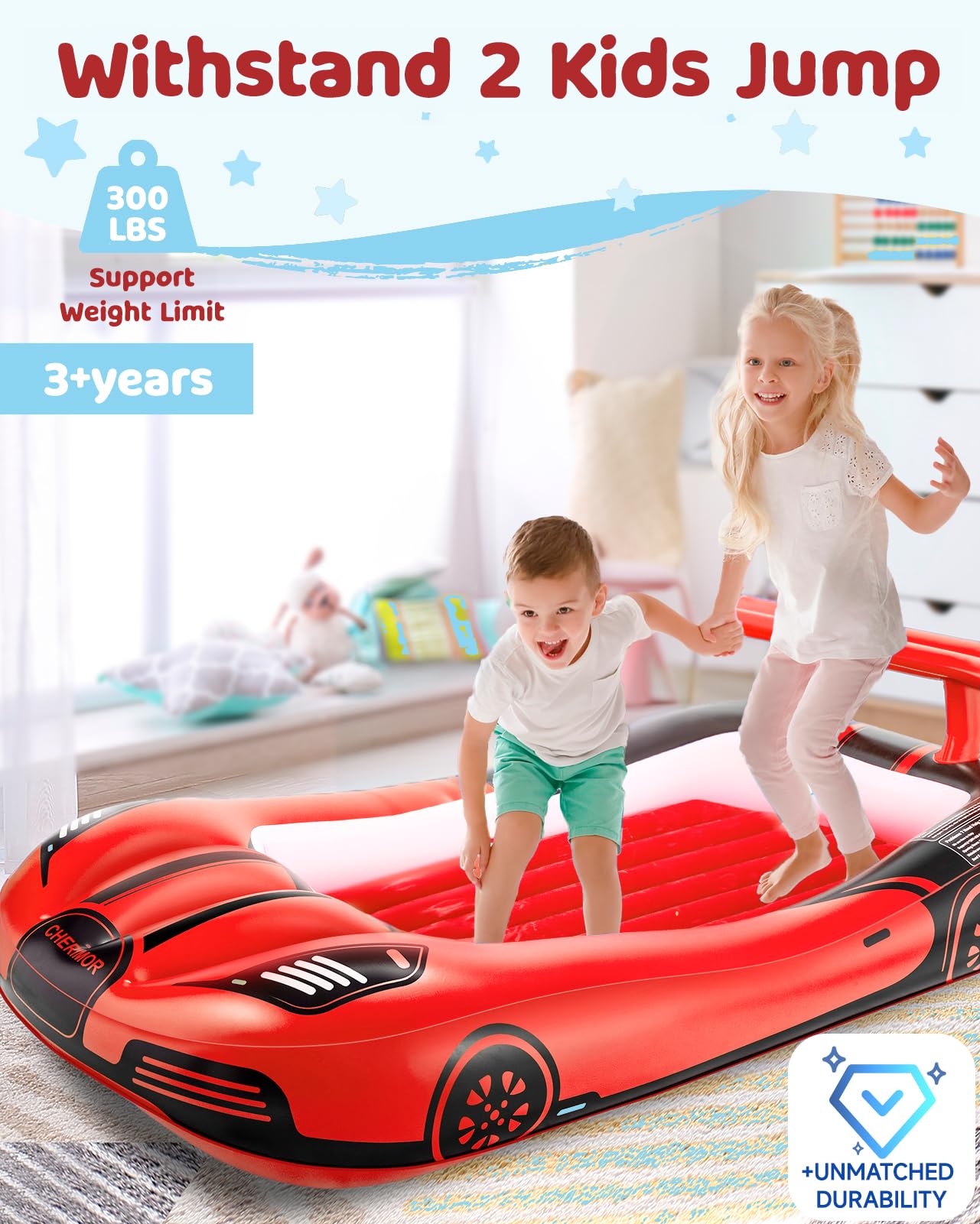 CHERIMOR Letto gonfiabile da viaggio per bambini con paraurti di sicurezza e pompa di gonfiaggio automatico di 2 minuti, materasso ad aria portatile per bambini, con borsa per il trasporto, per
