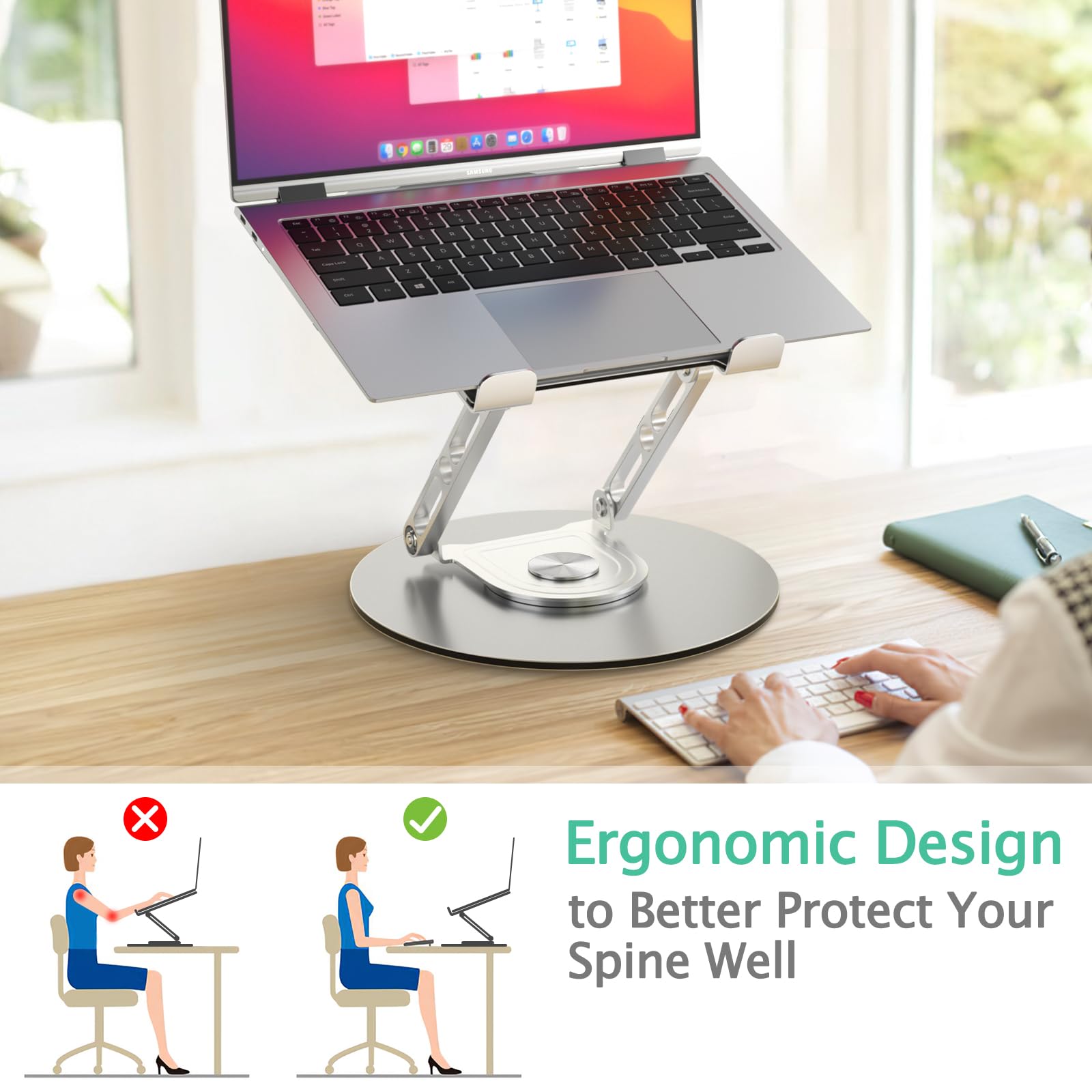 Supporto per computer portatile per scrivania regolabile con base rotante a 360 ° Supporto ergonomico per laptop per scrivania pieghevole e portatile per computer adatto a MacBook Pro Air