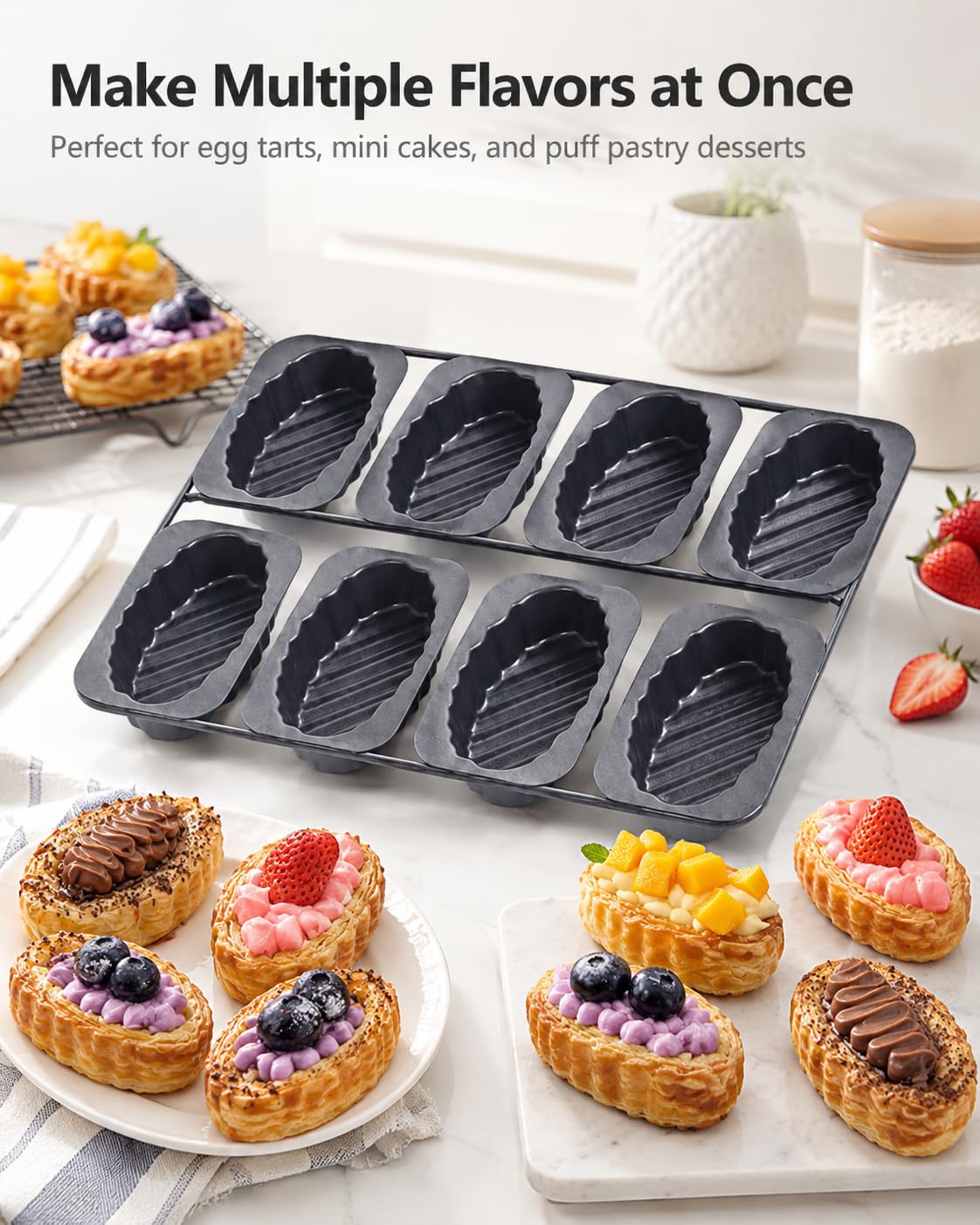 Paquete De 2 Sartenes Ovaladas Para Tarta De 8 Cavidades, Antiadherentes | Paquete de 2 / 8 Cavidades / Sartenes de Tarta Ovaladas / Antiadherentes / Acero al Carbono / Moldes para Hornear