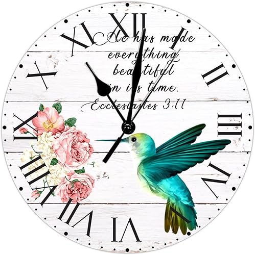 ArogGeld He Made Everything Beautiful - Reloj de pared de PVC con flores rosadas, colibrí, reloj de pared grande con cita y números romanos, reloj