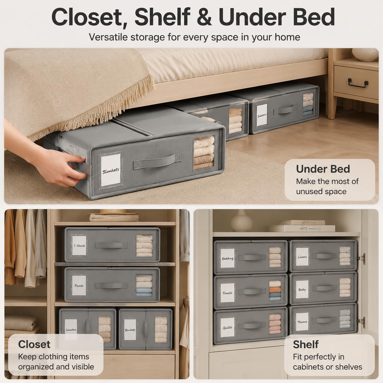 Under Bed Storage Bins, 4 Pack Foldable Closet Organizers,Gray