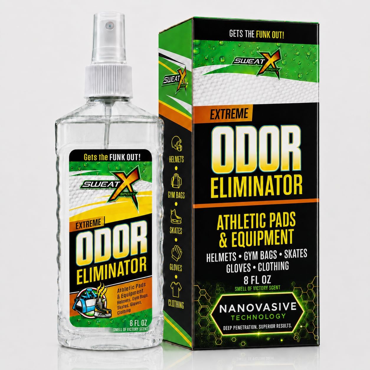 SWEATX Odor Eliminator Spray for Shoes and Clothes, Victory Scent, 8 fl oz | No Wash Multipurpose Deodorizer for Stinky Shoes, Gym Bags and Sports Equipment, Concentrated Non Toxic Formula