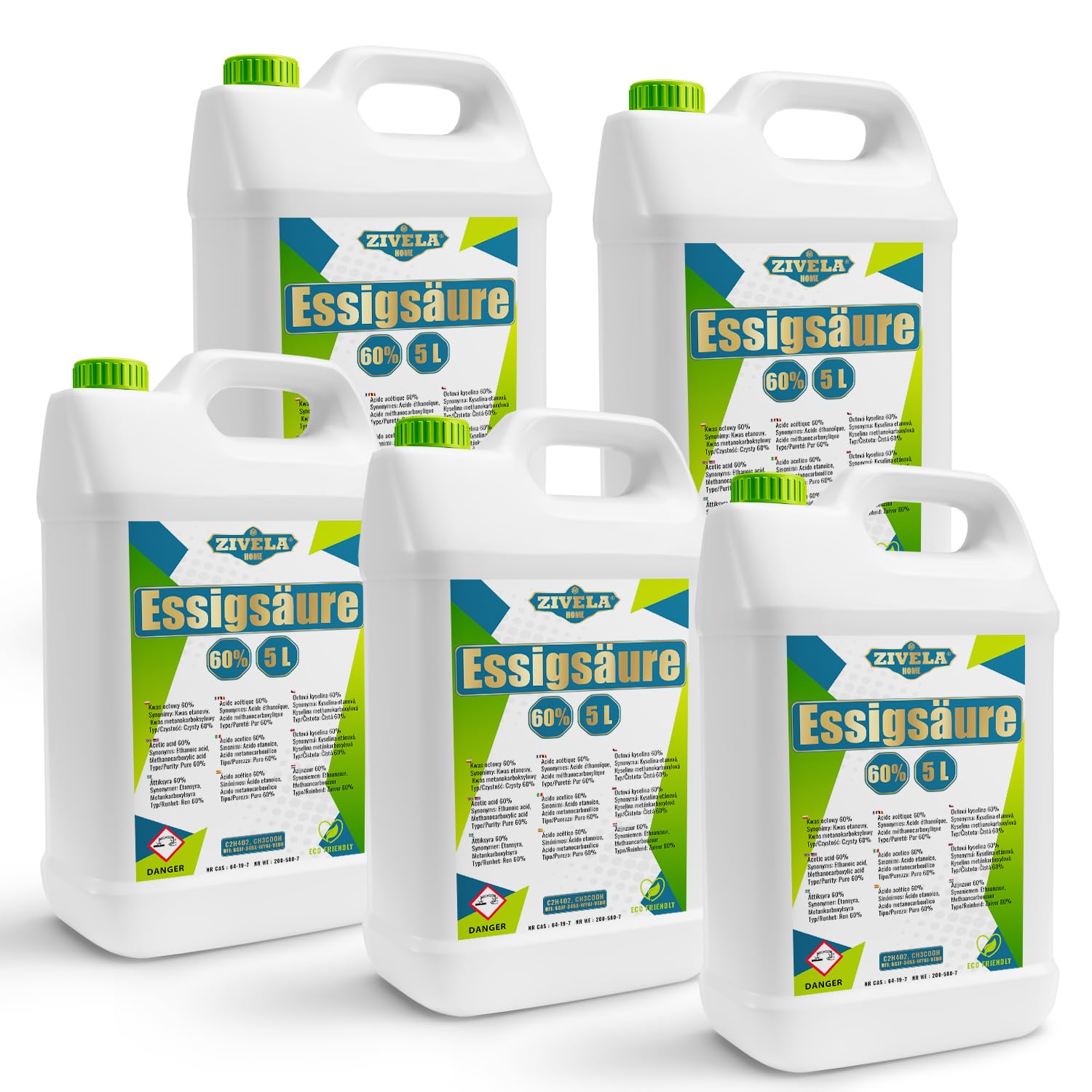 25 l d'acide acétique 60 % de qualité supérieure | 5 x 5 l d'essence de vinaigre 60 % de qualité alimentaire 25 kg | Vinaigre de haute pureté pour des applications polyvalentes | Parfait pour un usage