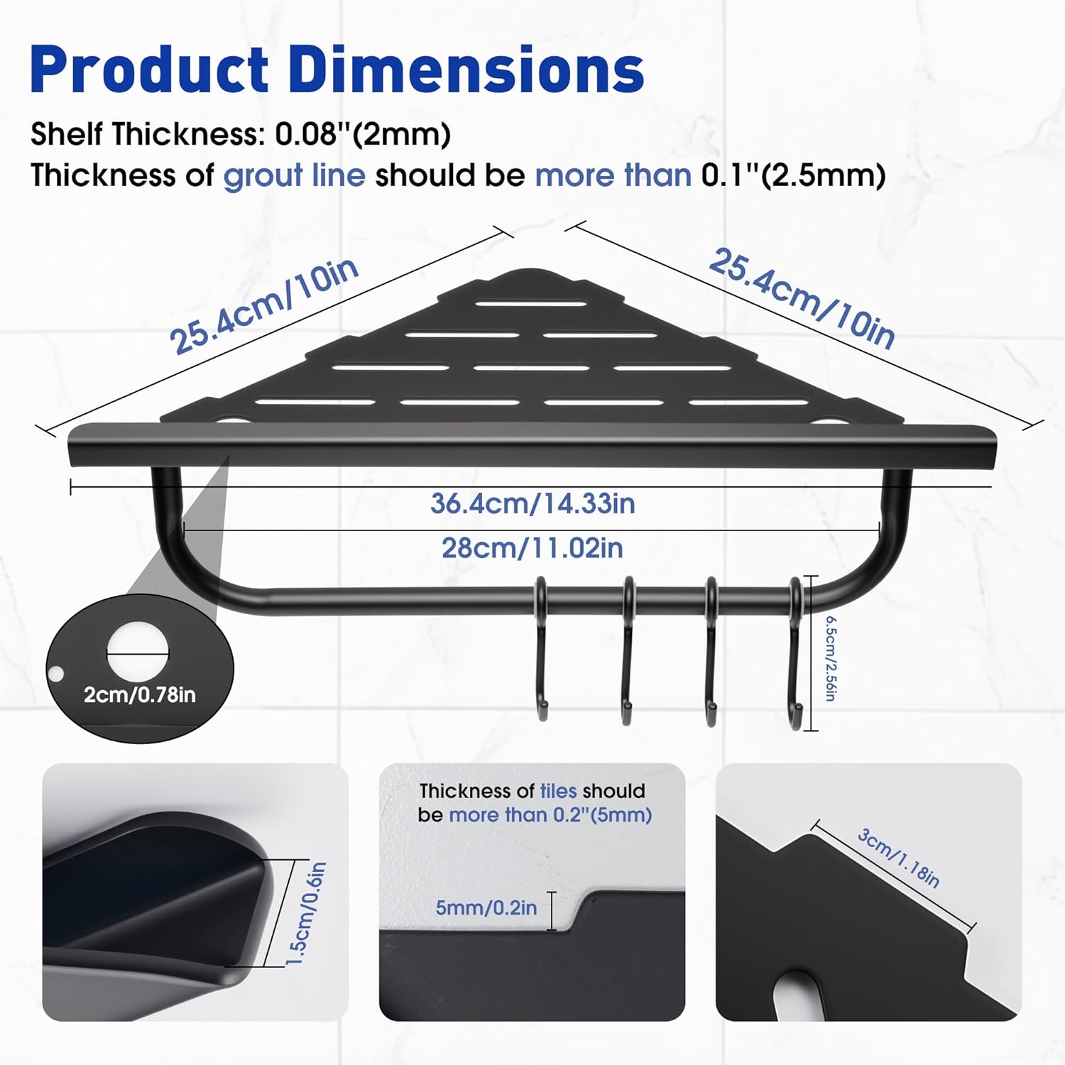 Corner Shower Shelf, 10'' Shower Corner Shelf with Towel Bar & Hooks, 304 Stainless Steel Recessed Bathroom Shelves, No Drilling for Tiled Wall, 2-Pack (Matte Black)