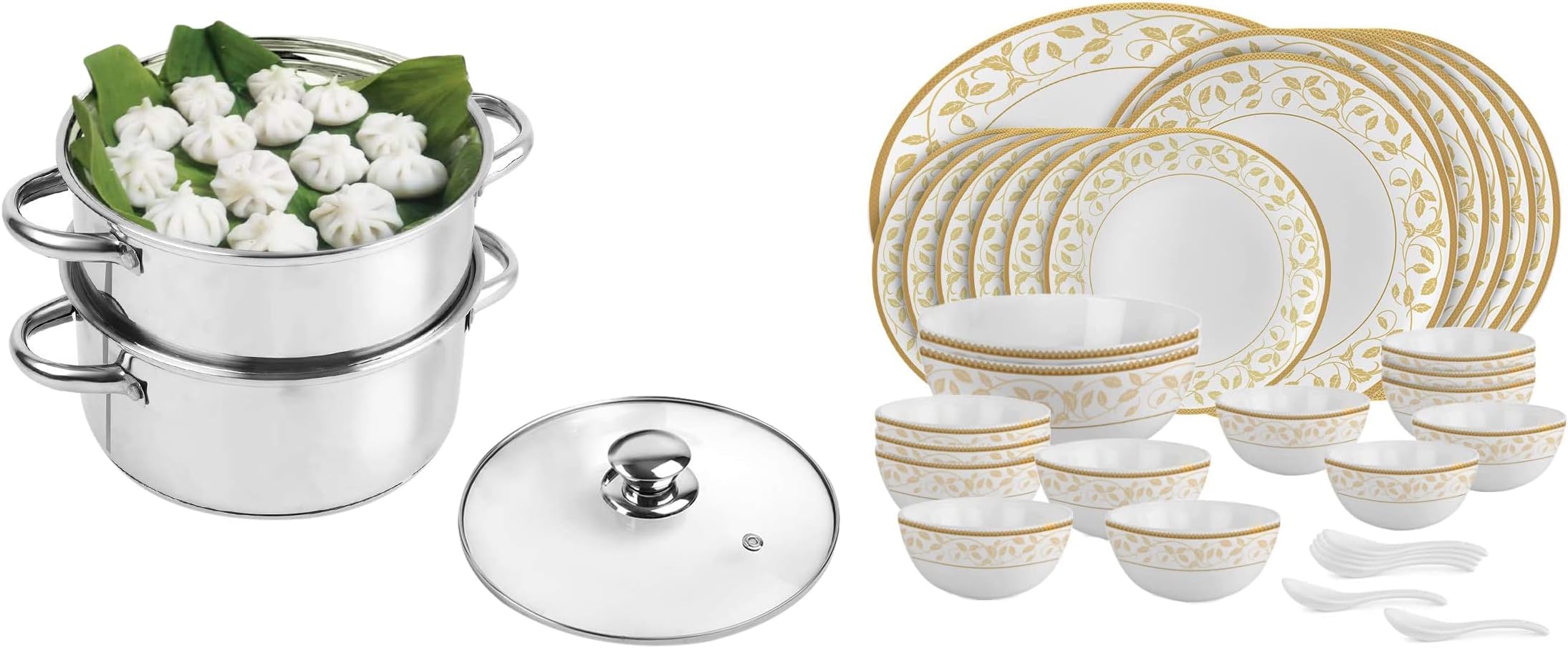 Cello Royal Amber Gold Opalware Dinner Set, 33 Pieces & Cello Steelox Induction Compatible Stainless Steel Multi Purpose Steamer/Modak Maker with Glass Lid, 18Cm