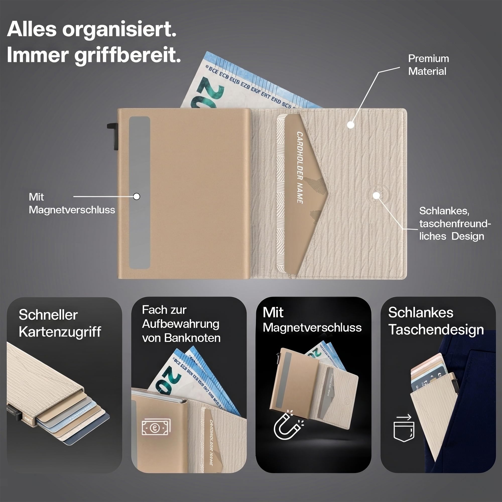 Kartenetui Slim – 8 Karten und geldscheine - RFID Schutz - Magnetischer Verschluss - Portemonnaie - Kreditkartenetui Geldbeutel - Damen & Herren (Ripple Ecru)