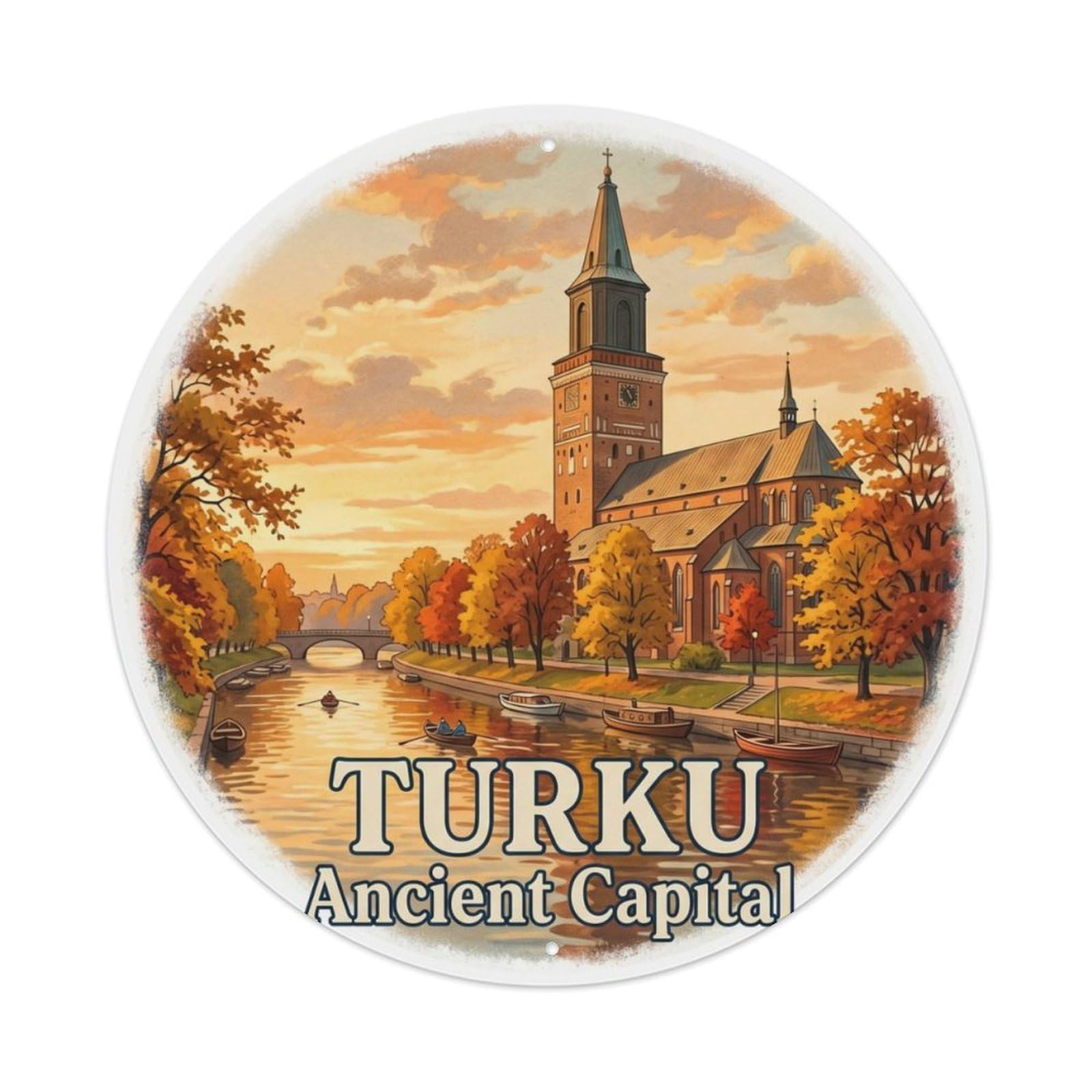 Vintage Travel Turku Finland Cathedral Metal Tin Sign Plaque Wall Decor for Cafe, Club Bar, Office, Home Garden Round Metal Poster 8x8Inch