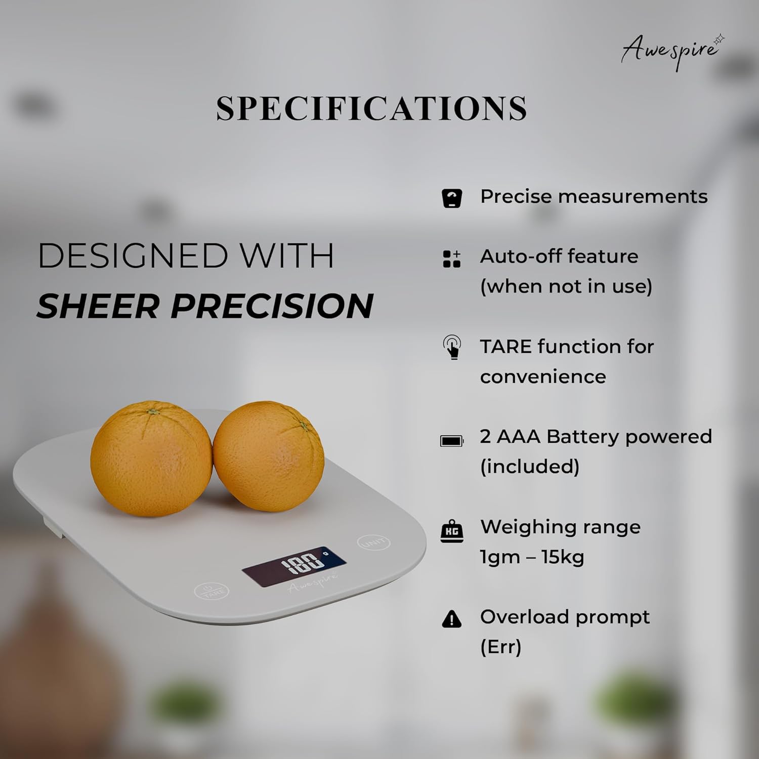 Newly Launched Grey Digital Food Kitchen Weighing Scale, 15kg/33lbs | Metric and British Units, Touch Buttons | for Cooking, Baking, Fitness | No Batteries Included
