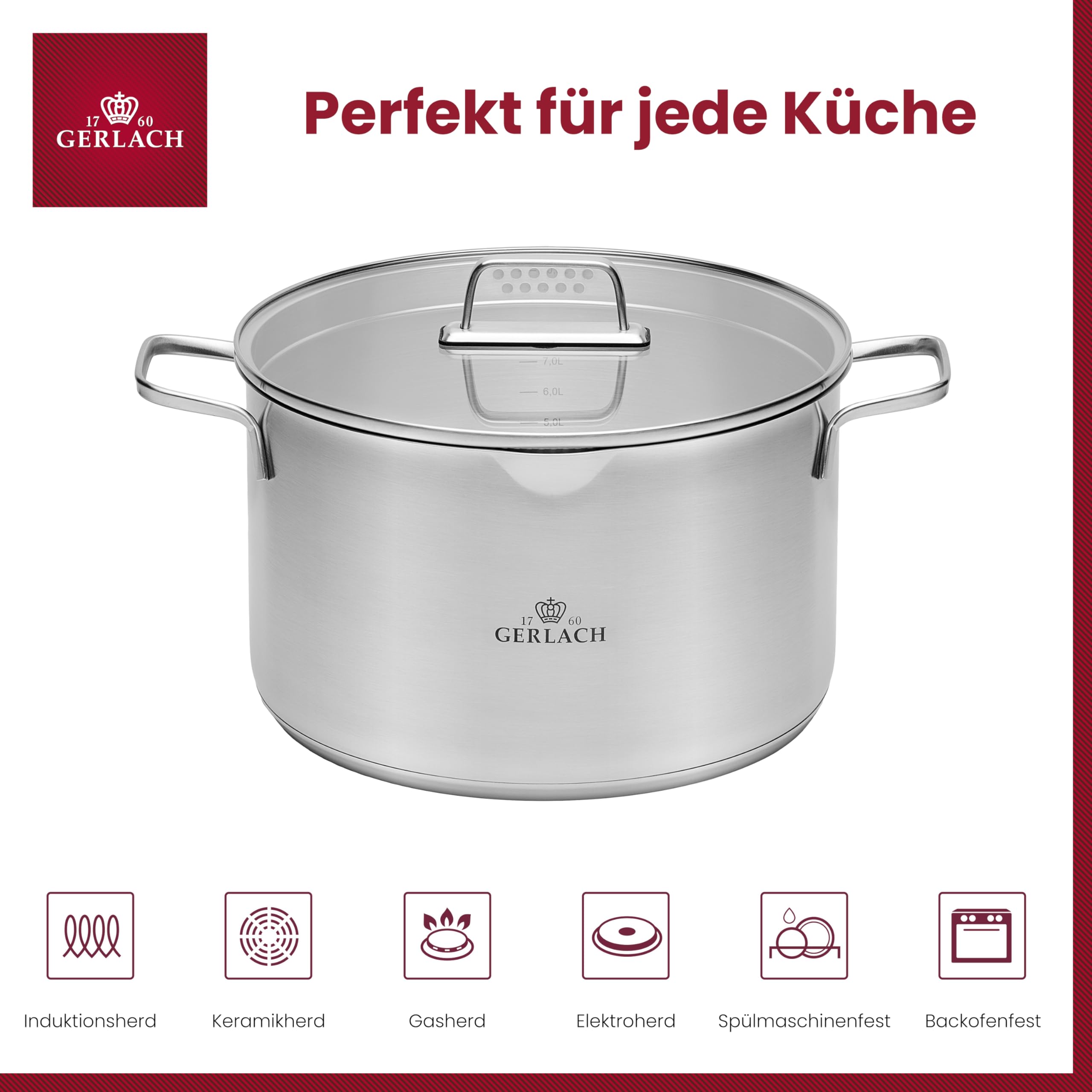 Gerlach 1760 Topf Kochtopf 10 L Induktion Elektroherd Gasherd Keramikherd Ofenfest Spülmaschinenfest Fleischtopf Induktionstopf Durchmesser 28 cm Mit Deckel Aus Gehärtetem Glas Ambiente