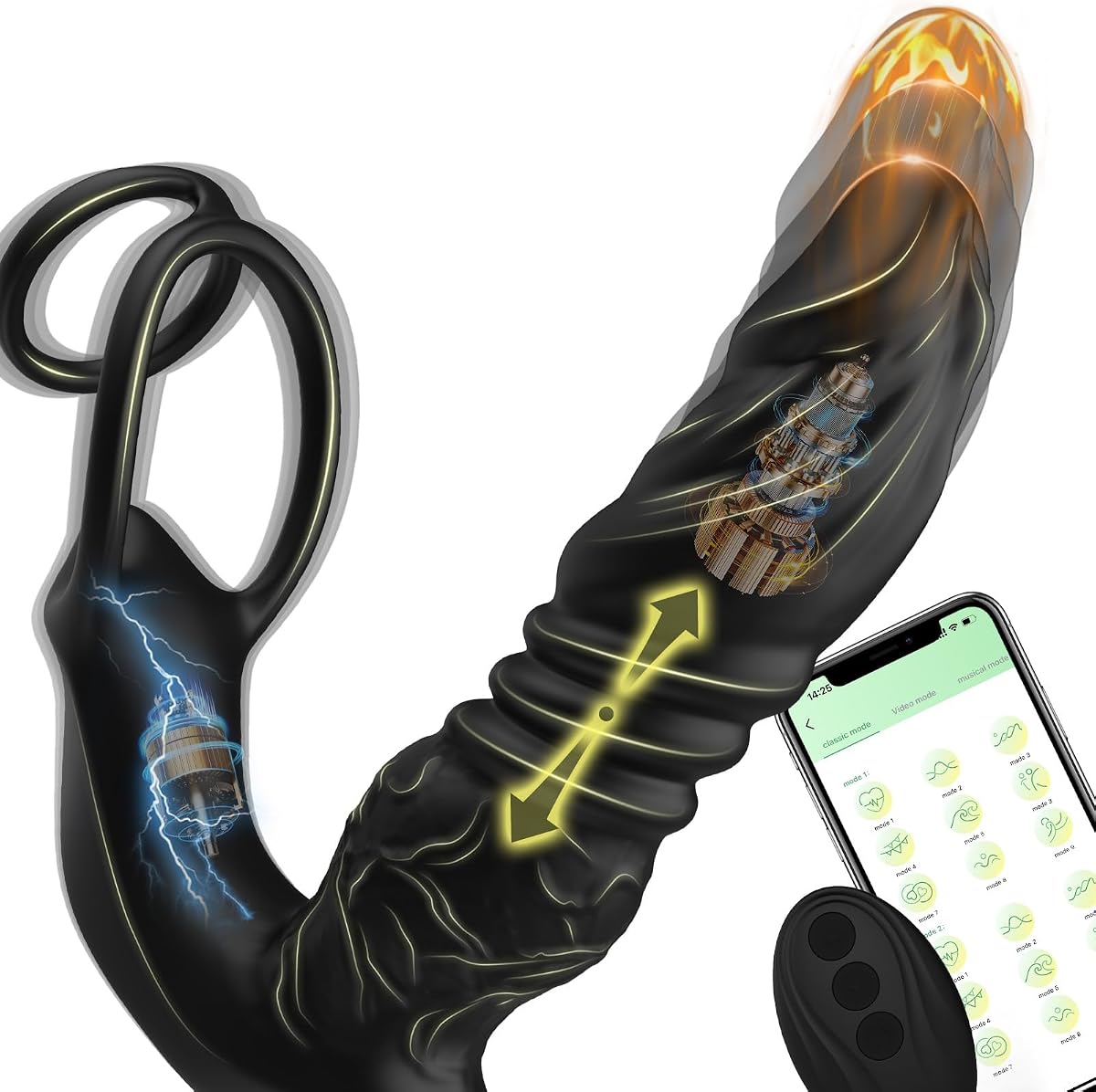 5-in-1 Prostate Massager Thrusting Anal Vibrator with Silicone Cock Ring | 9 Vibration & Thrusting Modes, APP & Remote Control, Large Diameter, Male Sex Toy for Man Gay Couple Pleasure