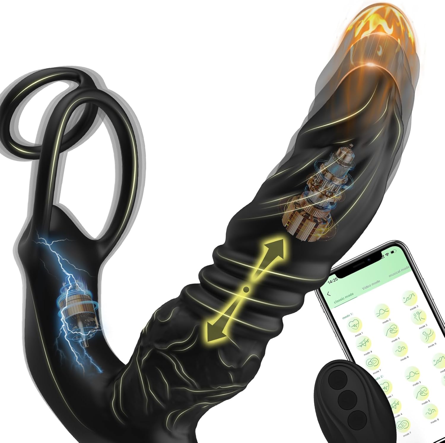 5-in-1 Prostate Massager Thrusting Anal Vibrator, Big Vibrating Anal Dildo Butt Plug with Dual Silicone Cock Ring, Male Sex Toy for Man Gay Couple Pleasure with APP&Remote