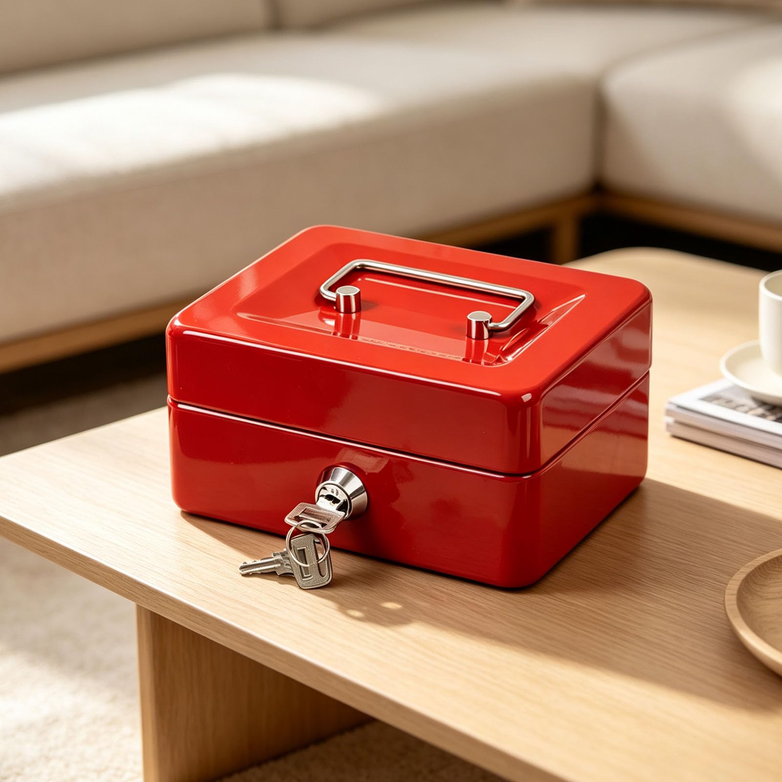 Iron Cash Box with Key, Removable Tray for Storage (12 cali) | Wzmocnione żelazo zapewnia trwałość, Mieści dokumenty w formacie A4, Bezpieczny mechanizm zamykający na klucz, Zintegrowany