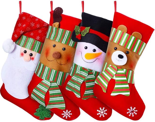 YQing Christmas Stockings, 15" Large Size Xmas Stockings 4 Christmas Socks with Christmas Snowman Santa Reindeer Bear Decoration Christmas Stockings Set Gift & Candy Pouch Bag Ornaments