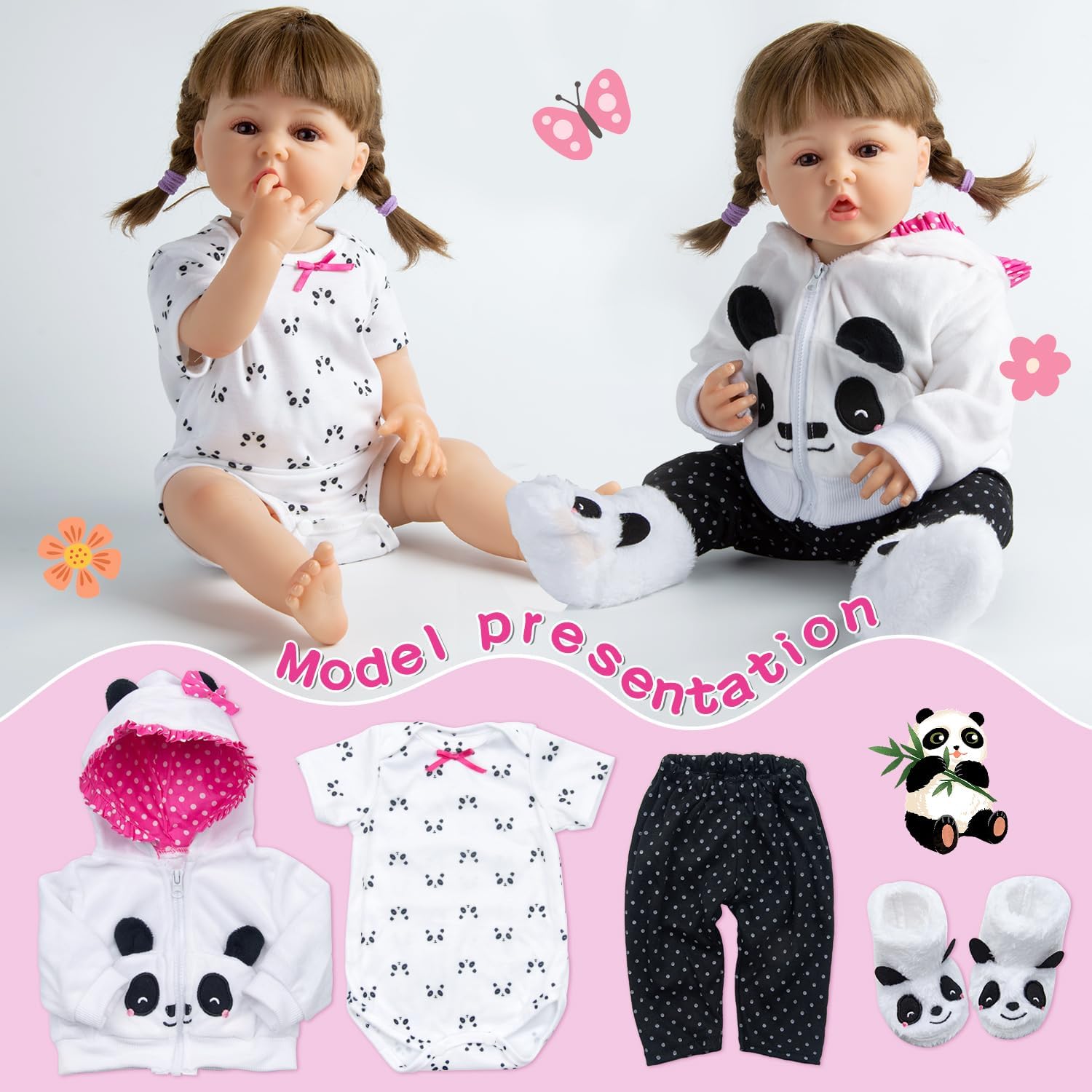 11 Pcs Set Reborn Baby Dolls Clothes Girl Panda Outfit Accessories for 17-19 Inch Reborn Doll Newborn Girl with Panda Backpack&Diaper