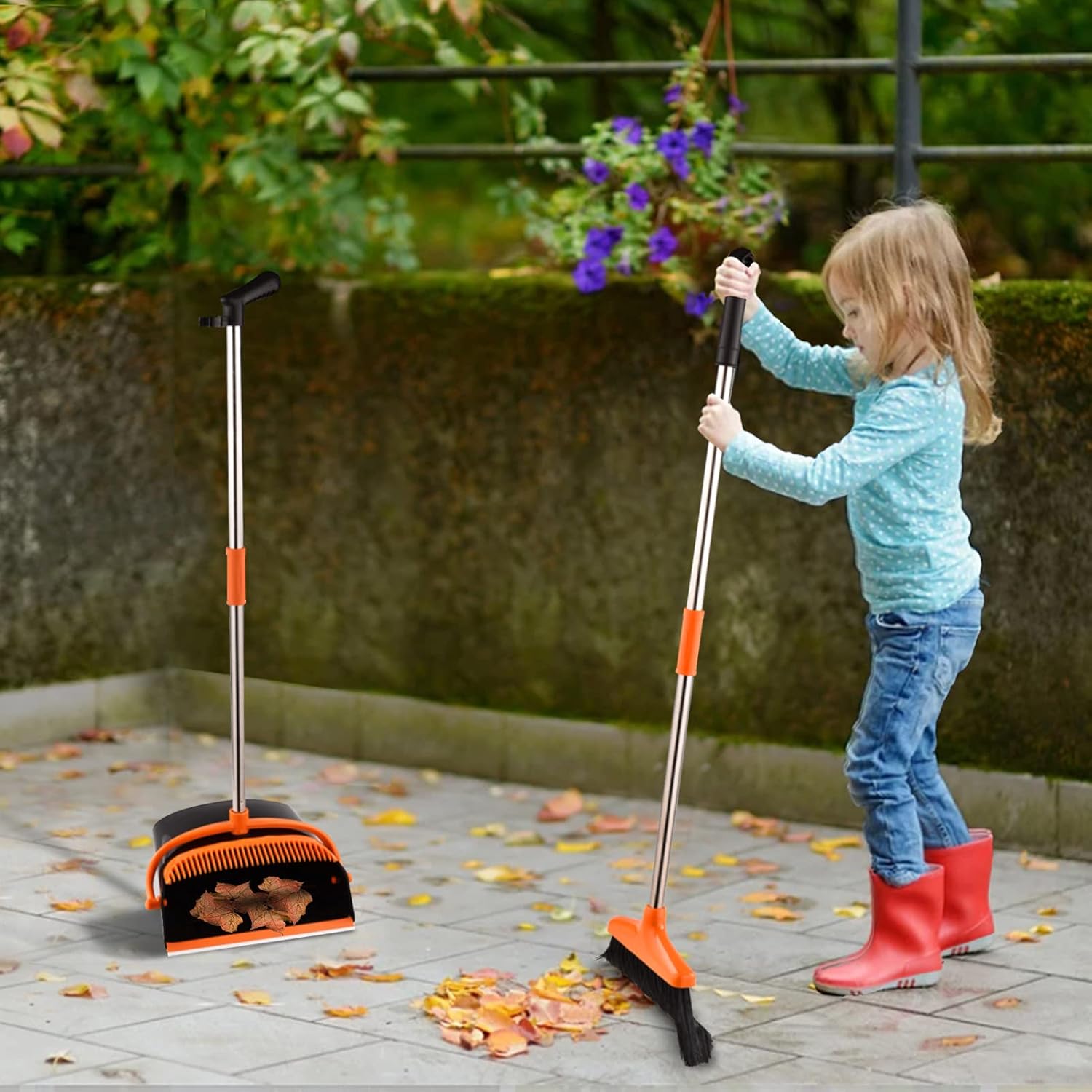 Perastra Long-Handled Broom & Dustpan Set, Upright Standing Dustpan & Super Long Handled Broom with Heavy Duty Bristles for Home Floor Sweeping (Black Orange)