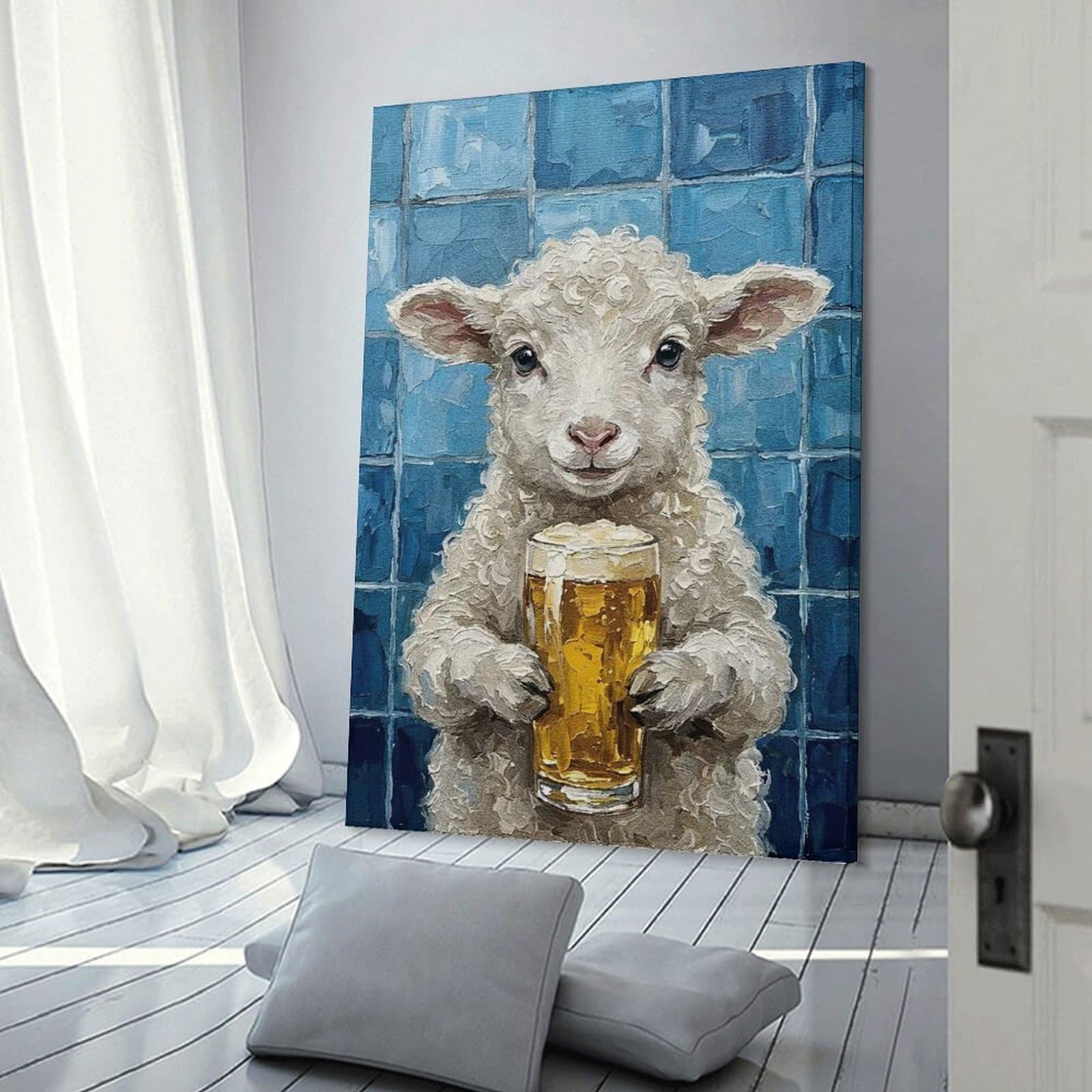 Junmoney Frame-Style-6 Lamb With Beer Painting Hanging Wall Art, 24X36inch(60X90cm), For Bedroom Decor, Cosy Corners Or Studios, An Easy Wall Refresh For Bedrooms