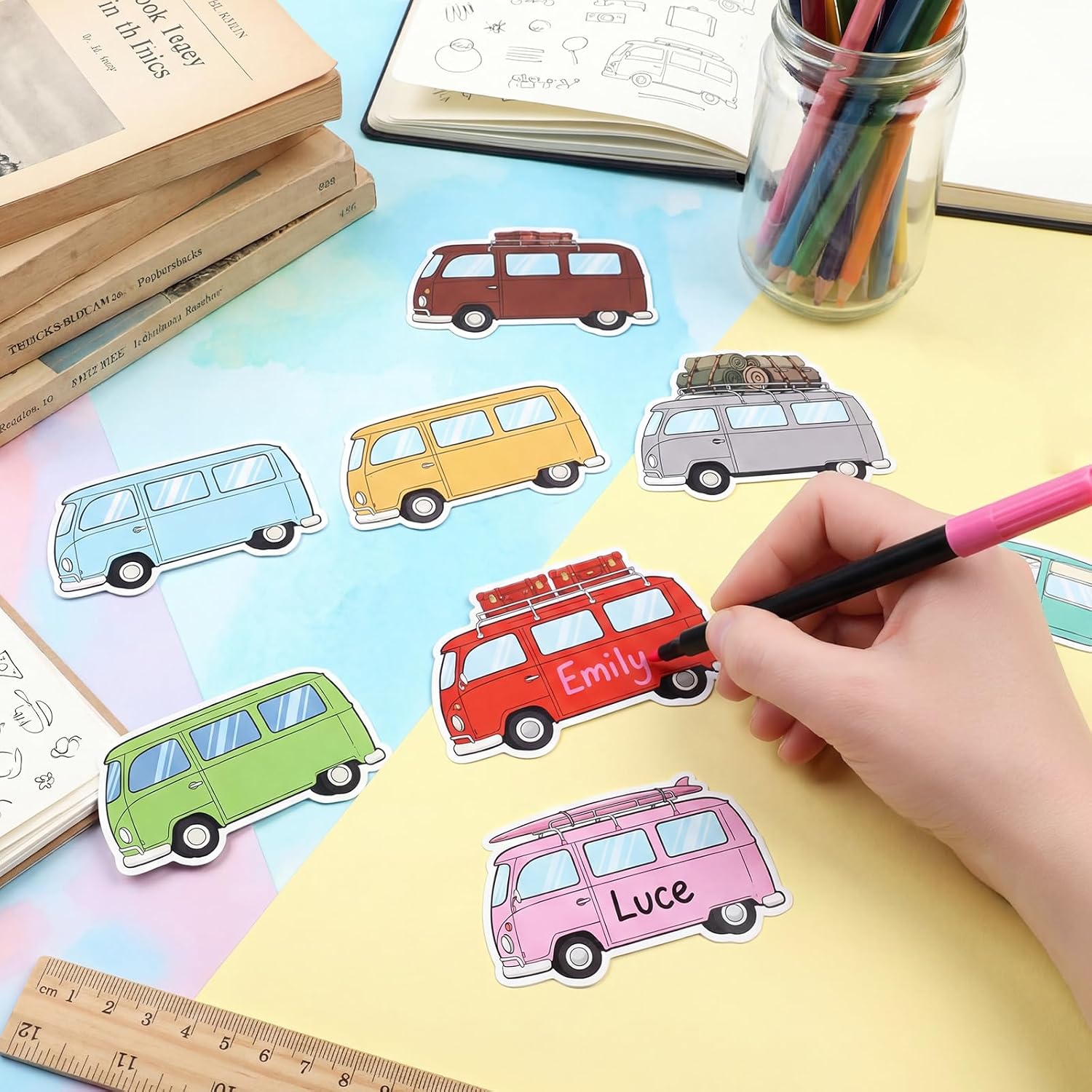 Ireer 64 Pcs Mini Camper Cutouts Road Trip Cars Bulletin Board Bus Paper Cut Outs Classroom Decorations Automobile Cut Outs for School Teacher Student Auto Bulletin Board Decor Party Supplies