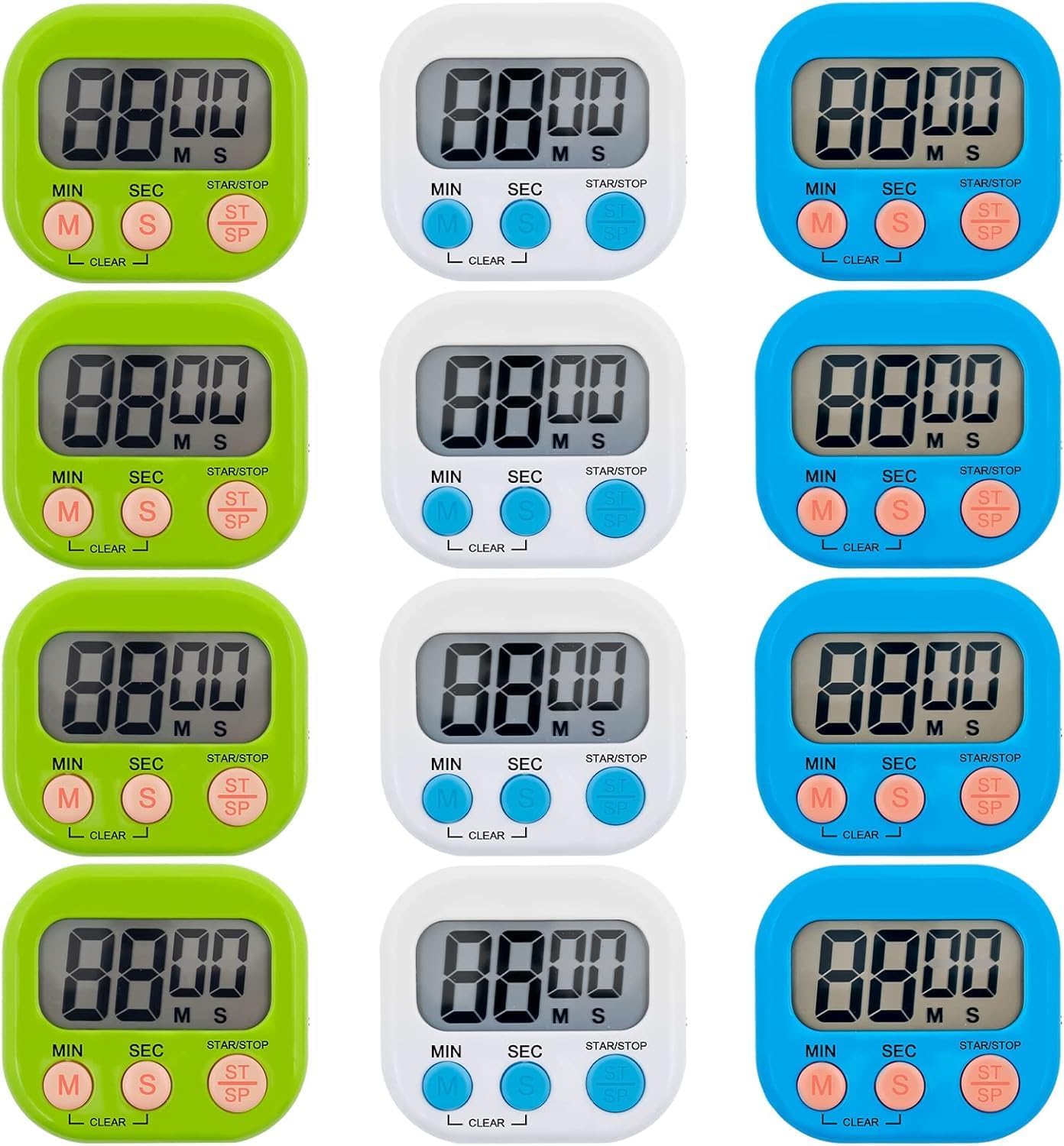 12 Pieces Small Digital Kitchen Timer Count Up and On/Off Switch Timer with Loud Alarm Magnetic Back Large Display Timer LED Countdown Timer for Cooking Baking Games (White, Blue, Green)