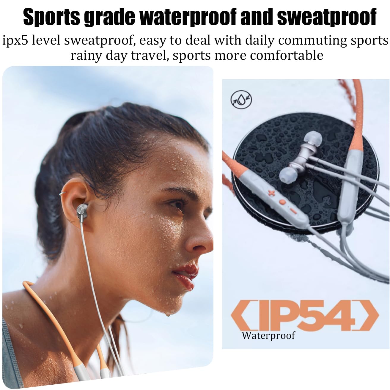 Auricolari in-ear wireless con archetto da collo, 27 g, ultra leggeri, confortevoli, 8 ore di riproduzione, bassi profondi, con microfono, per sport, allenamento, ufficio (arancione)