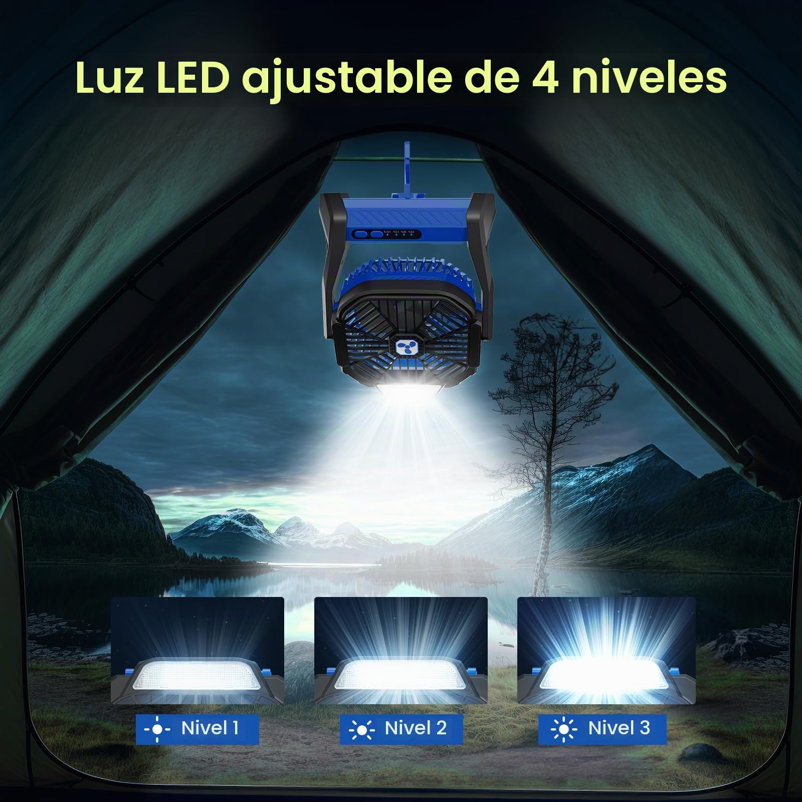 Ventilador a Pilas 20000 mAh inalámbrico, Recargable, Ventilador portátil con Linterna LED, Ventilador de Mesa, batería USB-C, Ventilador de Camping para Viajes, Playa Azul