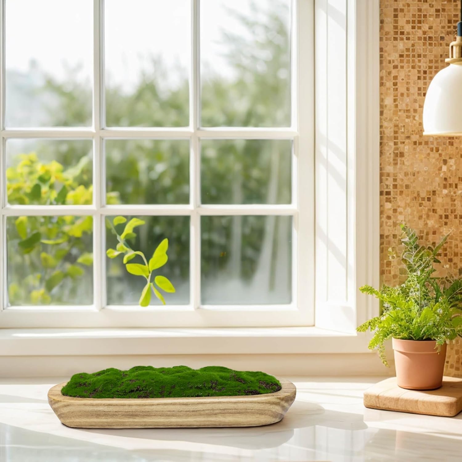 NAHARO Moss Wood Bowl,Natural Oblong Decorative Dough Bowl, Artificial Moss Centerpiece for Wedding Table Centerpiece, Home Decoration, Living Room, Office, No Maintenance