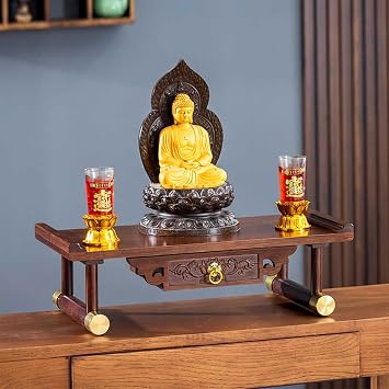 Meditation Altar Table with Pull-Out Drawer,Bamboo Altar Cabinet for Home Shrine,Prayer Stand Pooja Mandir for Small Spaces, Fully Assembled, Carved Front, Brass-Wrapped Legs