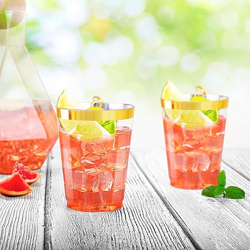 Miniatura 4 de 120 vasos de plástico dorados, vasos de plástico resistentes de 10 onzas, vasos de plástico transparente con borde dorado, vasos de plástico