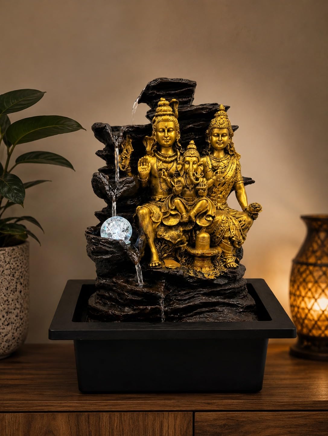 CHRONIKLE Golden Brown Polyresin Tabletop Lord Shiva,Parvatiji and Ganesha 5 Step Indoor Water Fountain for Home Decor with LED, Speed Control Pump (Size: 37 x 28 x 58 CM | Weight: 3000Gram)-image-25