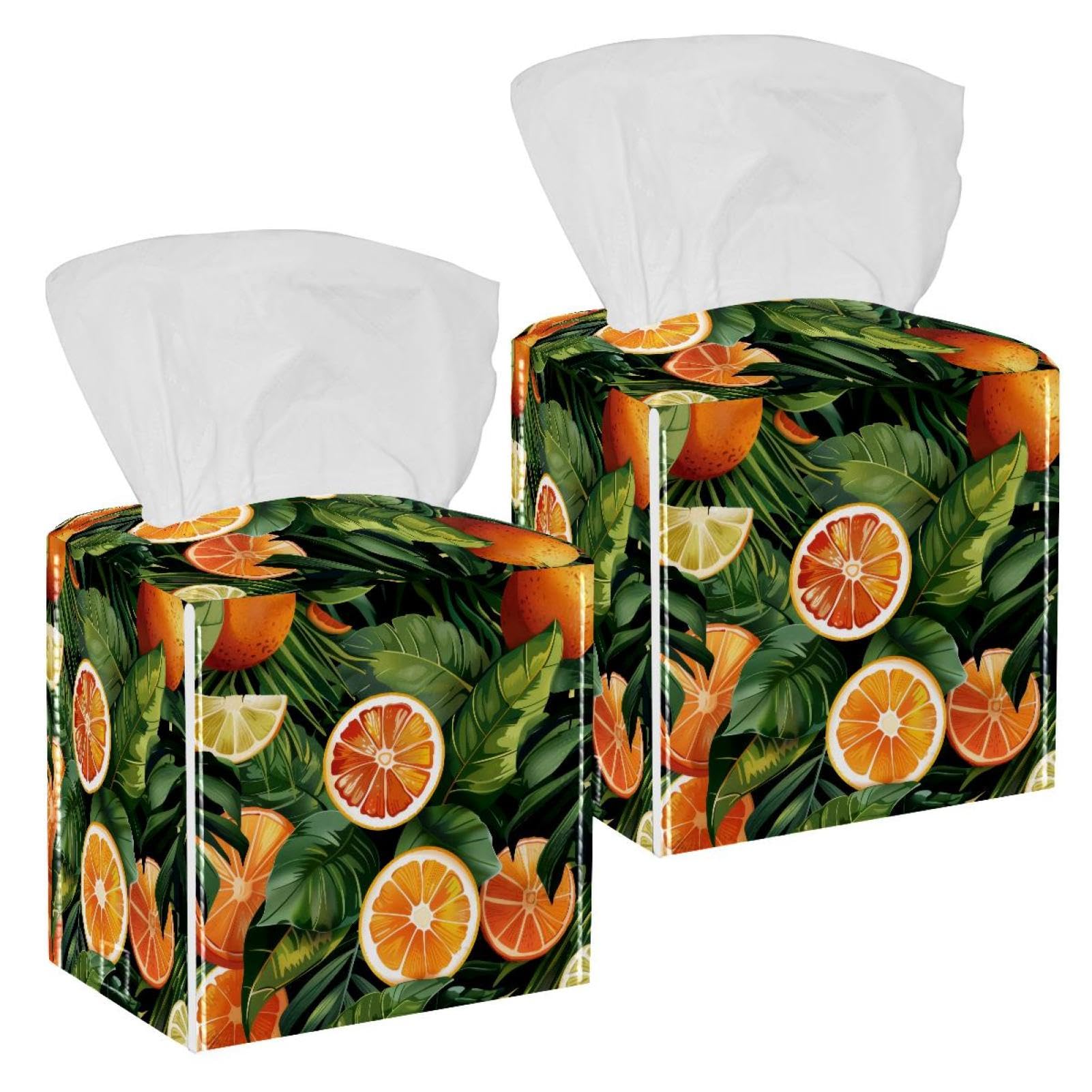 Artistic Leaves Tissue Box Cover, 2 Pack PU Leather Square Facial Tissue Dispenser Box holder for Home Office Car
