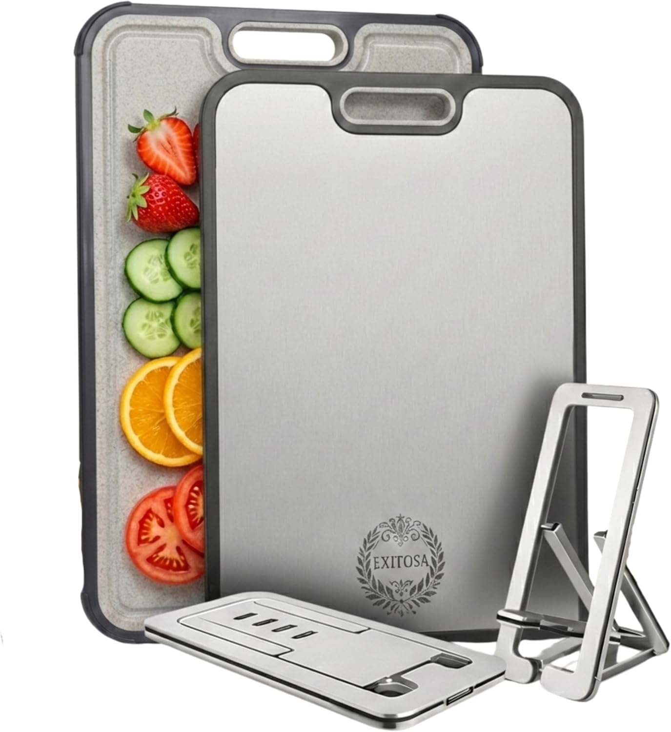 Titanium Cutting Board with Phone & Tablet Stand – Dual-Sided, Dishwasher Safe, Knife-Friendly Kitchen Prep Board