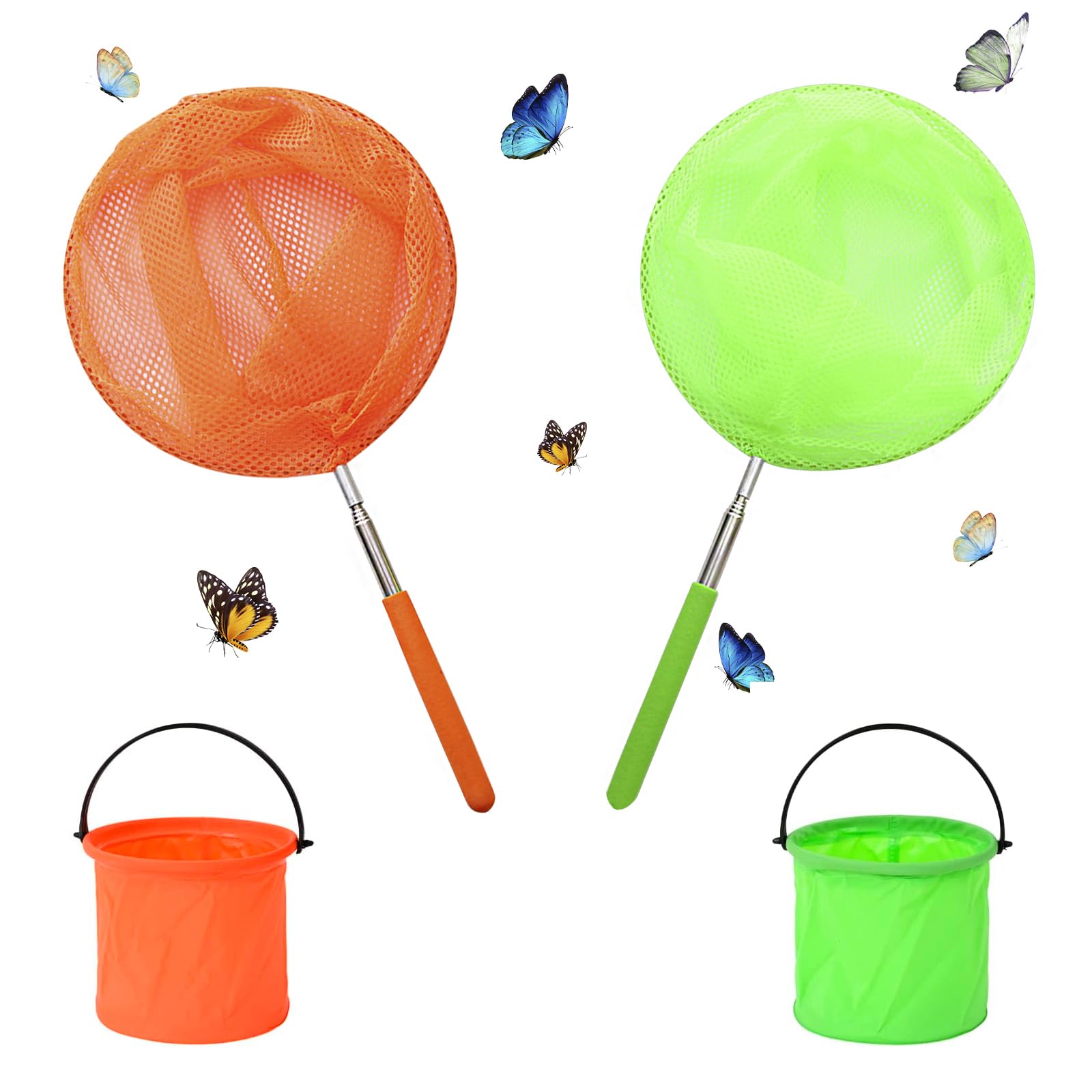 Butterfly Net Exterior Red de Pesca Extensible Viene con 2 Cubos Plegables Red de Captura de Insectos Adecuado para Atrapar Mariposas Peces Pequeños Camarones e Insectos