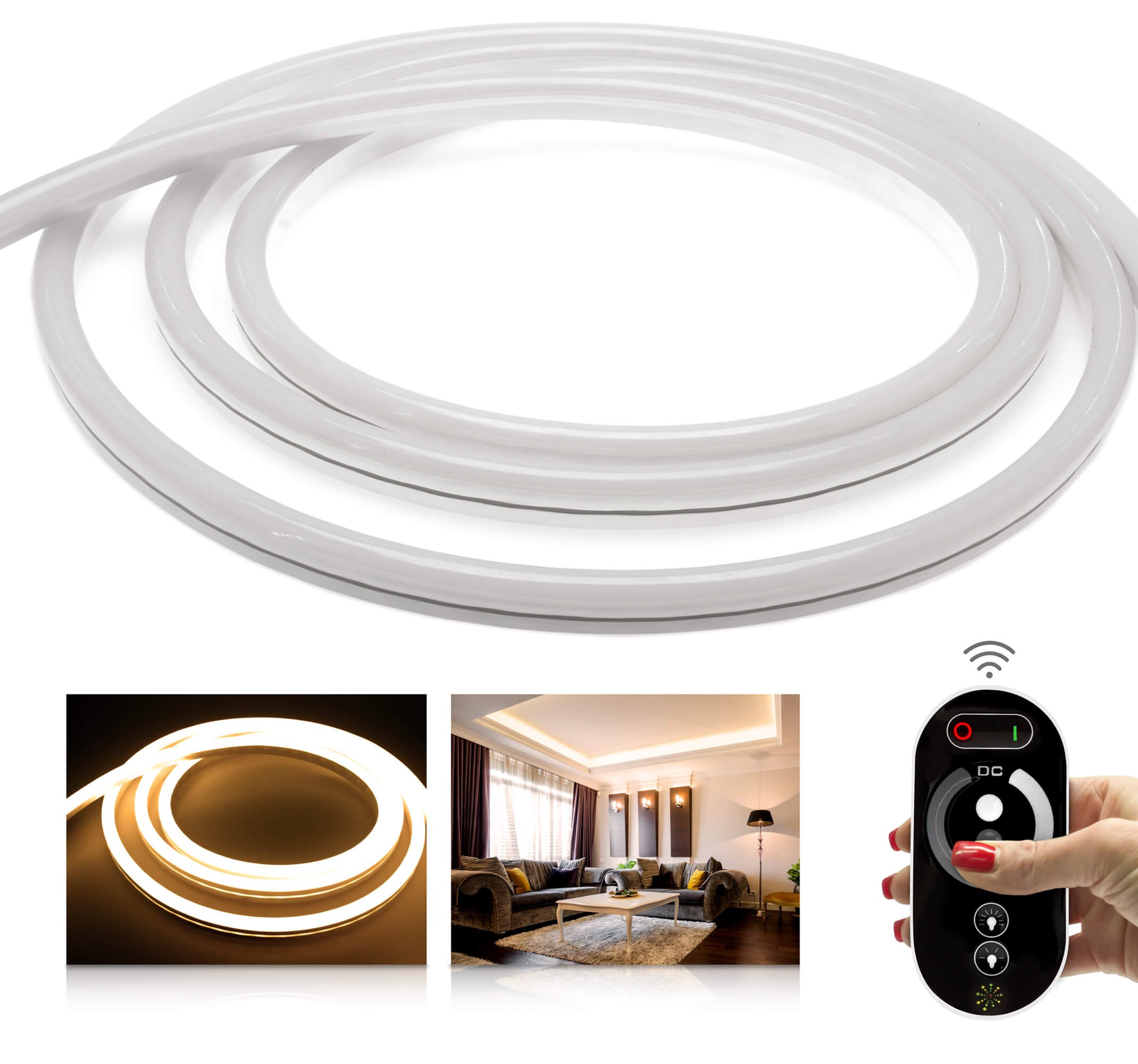 LED Universum Premium Tiras de Neon Flex, juego de radio, 10m, 24V, blanco cálido, IP68, incluyendo mando a distancia de radio, controlador y fuente de alimentación