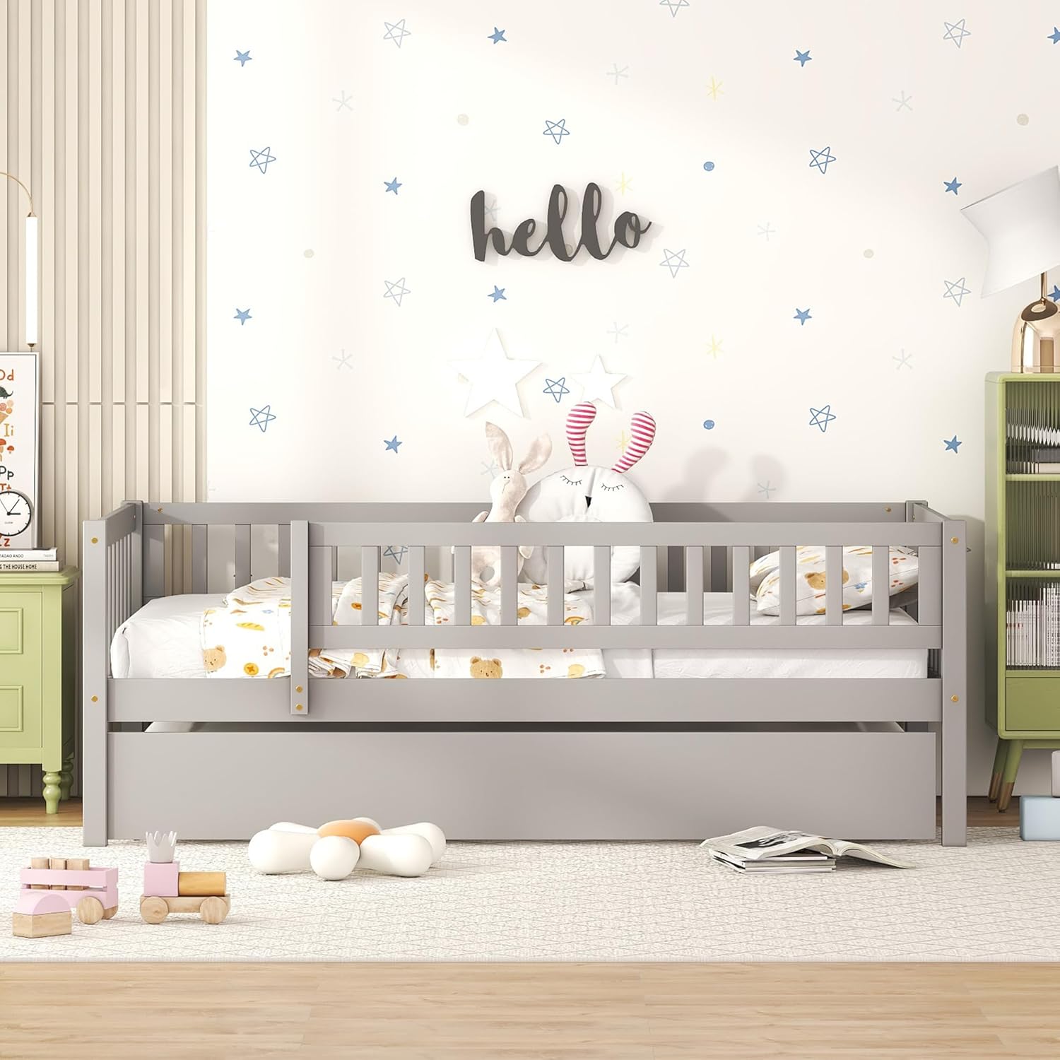Twin Size Daybed with Trundle and Fence Guardrails, Solid Wood Day Bed Frame with Backrest and Armrest, Modern Sofa Bed Kids Bed for Living Room, Guest Room, No Box Spring Needed, Grey