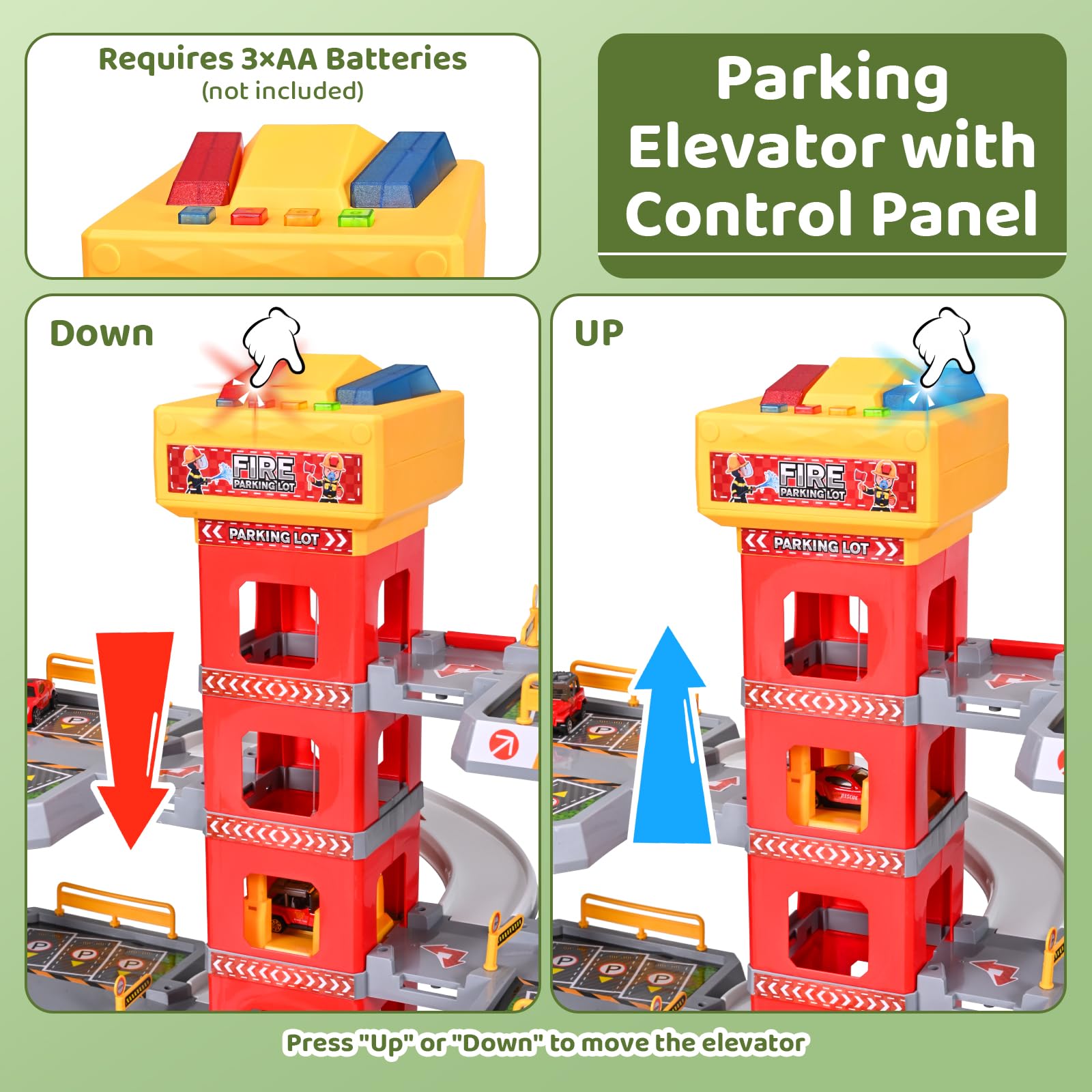Circuito Coche Niño Camión Bombero, Garaje Coche Niños 5 Niveles con Ascensor Eléctrico, Estacionamiento Juguete Interactivo Sonido y Luz, 12 Coches y 1 Helicóptero, 3-9 Años