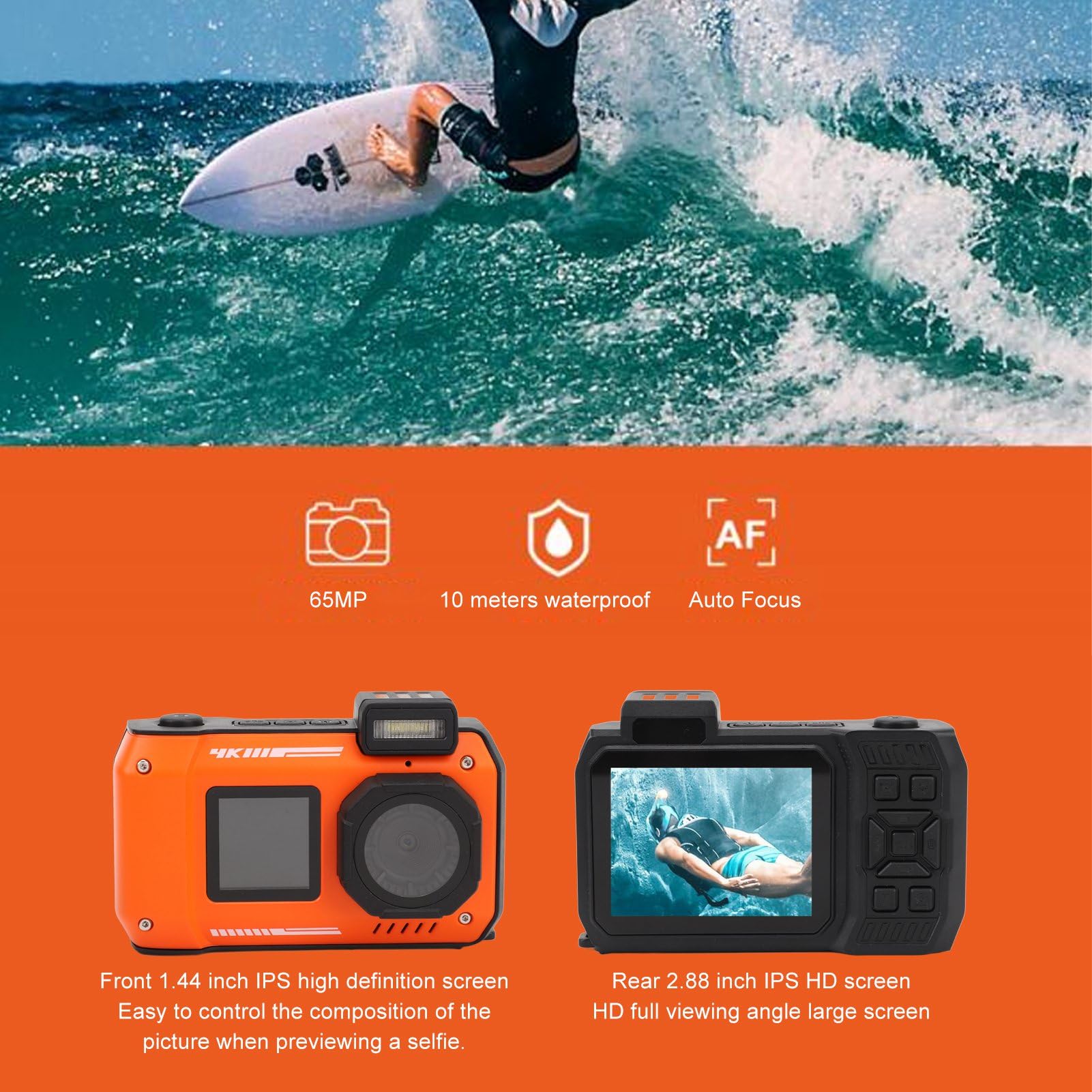 Zunate Fotocamera Subacquea 4K da 65 MP, Fotocamera Digitale Impermeabile Robusta da 33 Piedi con Messa a Fuoco Automatica Selfie Fotocamera Subacquea a Doppio Schermo, Zoom 18X (ORANGE)